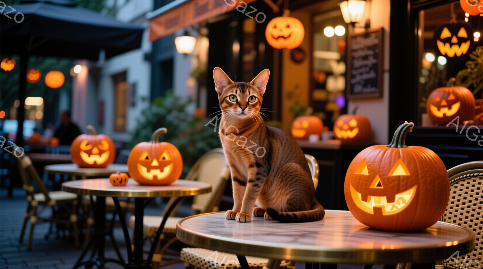 オレンジと茶色の模様の猫が、ハロウィーンの飾り付けがされたカフェのテーブルに座っています。周囲には、さまざまな大きさのジャックオーランタンが置かれ、カフェの窓にもハロウィーンの装飾が見られます。夜のカ - AI生成フリー素材