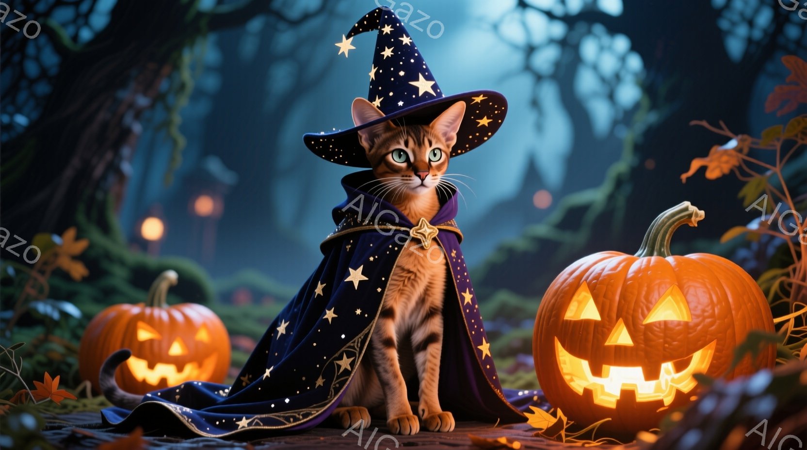 オレンジ色の縞模様の猫が、星が散りばめられた紫色の魔法使いのローブと帽子を身に着けて座っています。猫は正面を見ており、少しいたずらっぽい表情を浮かべています。背景には、光るジャック・オー・ランタンと、 - AI生成フリー素材