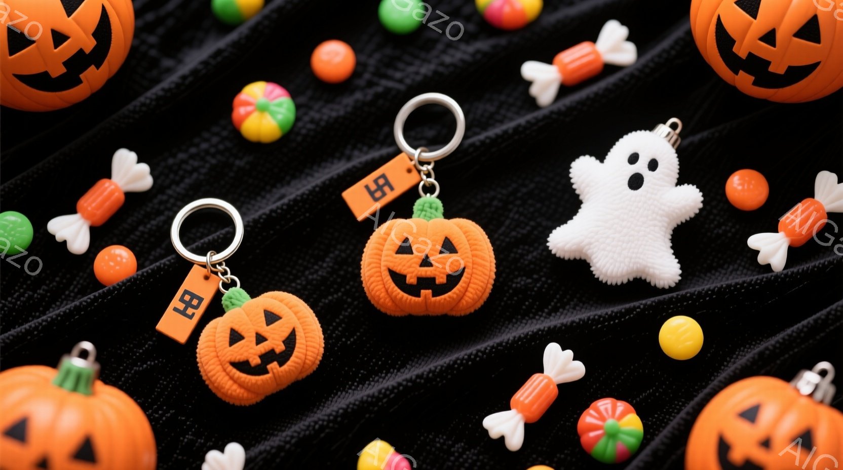 背景は暗いグレーで、ハロウィーンの装飾が散りばめられています。オレンジ色のジャック・オ・ランタンのキーホルダー、白いお化け、様々なキャンディーが配置されており、ハロウィーンの雰囲気を醸し出しています。全体的にポップで楽しい、お祭りのようなムードが感じられます。