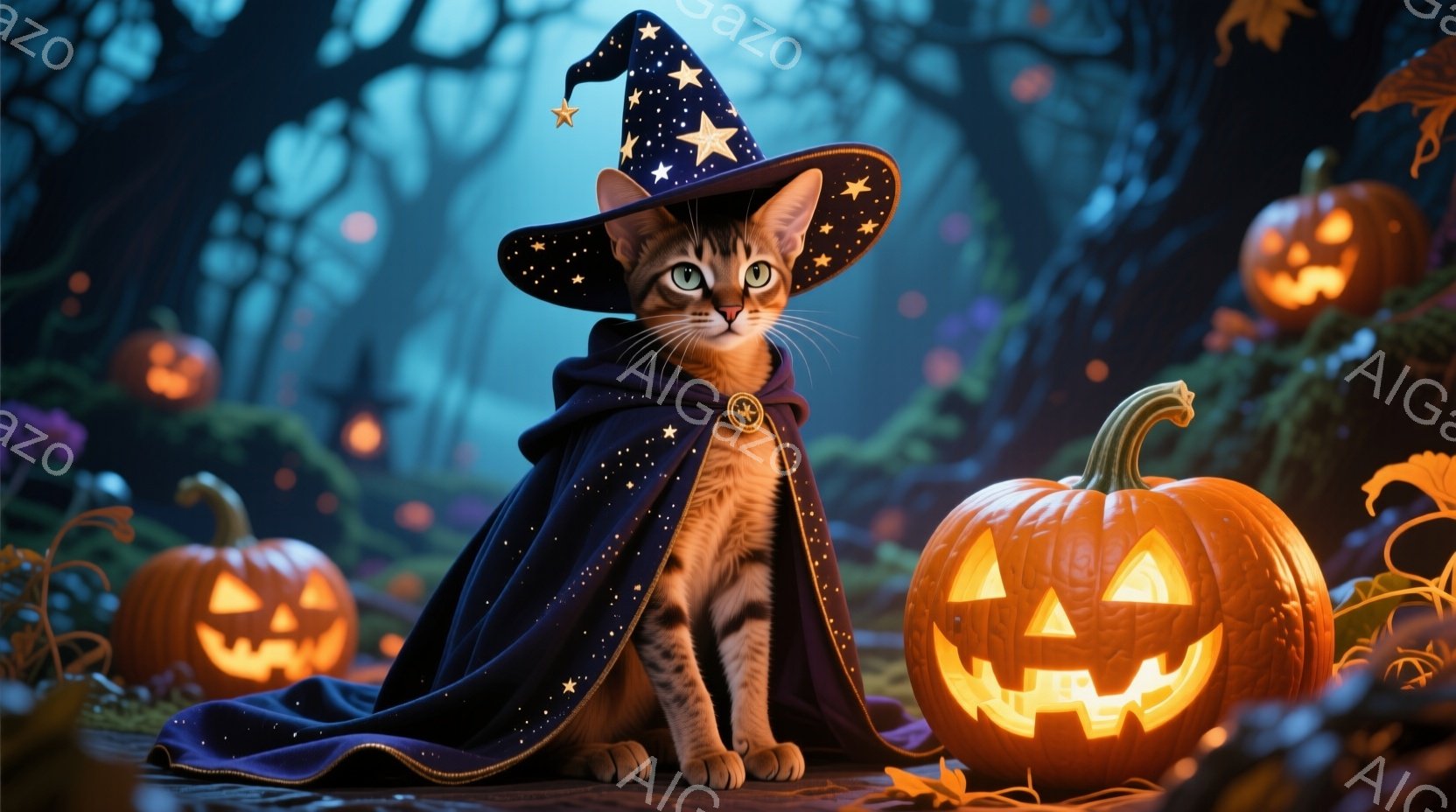 縞模様の猫が魔法使いの衣装を着て座っています。青いローブには星が散りばめられ、先のとがった帽子をかぶっています。背景には、さまざまな大きさのジャック・オー・ランタンが灯っており、不気味ながらも温かいハロウィーンの雰囲気を作り出しています。