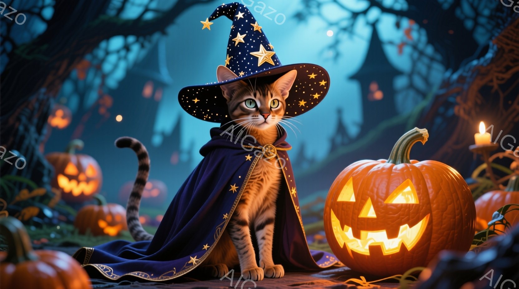 縞模様の猫が、星が散りばめられた黒い魔法使いの帽子とマントを身に着けて座っています。猫はまっすぐ前を見ており、表情は穏やかで自信に満ちています。背景には、ジャック・オー・ランタンや他のカボチャ、そして - AI生成フリー素材