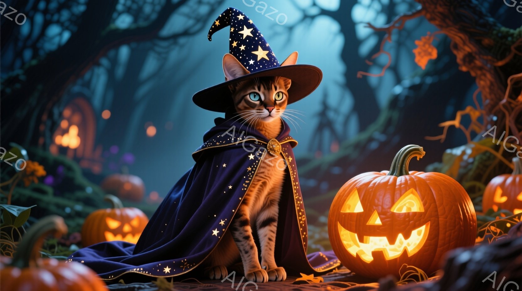 オレンジ色の縞模様の猫が、星が刺繍された深い青色のローブと先のとがった帽子を身に着けて座っています。猫は正面を見つめており、その表情は落ち着いていて少し神秘的です。背景には、ジャック・オー・ランタンが - AI生成フリー素材