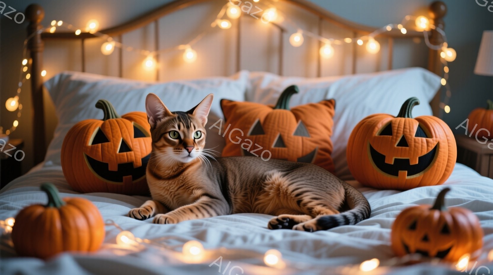 縞模様の猫が、ハロウィーンのパンプキン型のクッションと小さなパンプキンに囲まれてベッドに横たわっています。猫はリラックスした様子で、穏やかな表情でカメラを見つめており、背景には温かい光のイルミネーショ - AI生成フリー素材