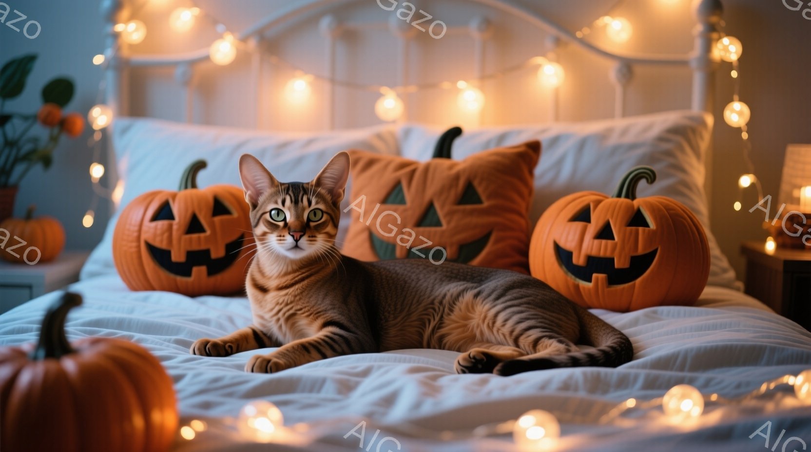 ベッドの上には、ハロウィーンの装飾であるジャック・オ・ランタンのクッションが並び、その中央で茶色の縞模様の猫がリラックスして横たわっています。猫は前足を組み、カメラ目線で穏やかな表情を浮かべており、周 - AI生成フリー素材