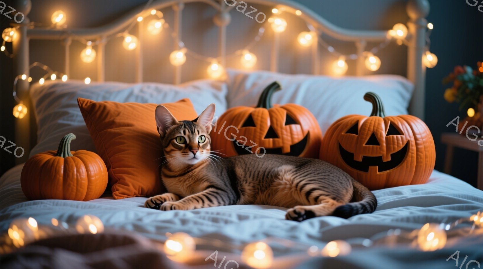 縞模様の猫が、ハロウィーンの飾りのカボチャに囲まれたベッドの上で横になっています。背景にはベッドヘッドボードと、暖色系の光を放つイルミネーションがぼんやりと見え、秋らしい穏やかな雰囲気が漂っています。 - AI生成フリー素材