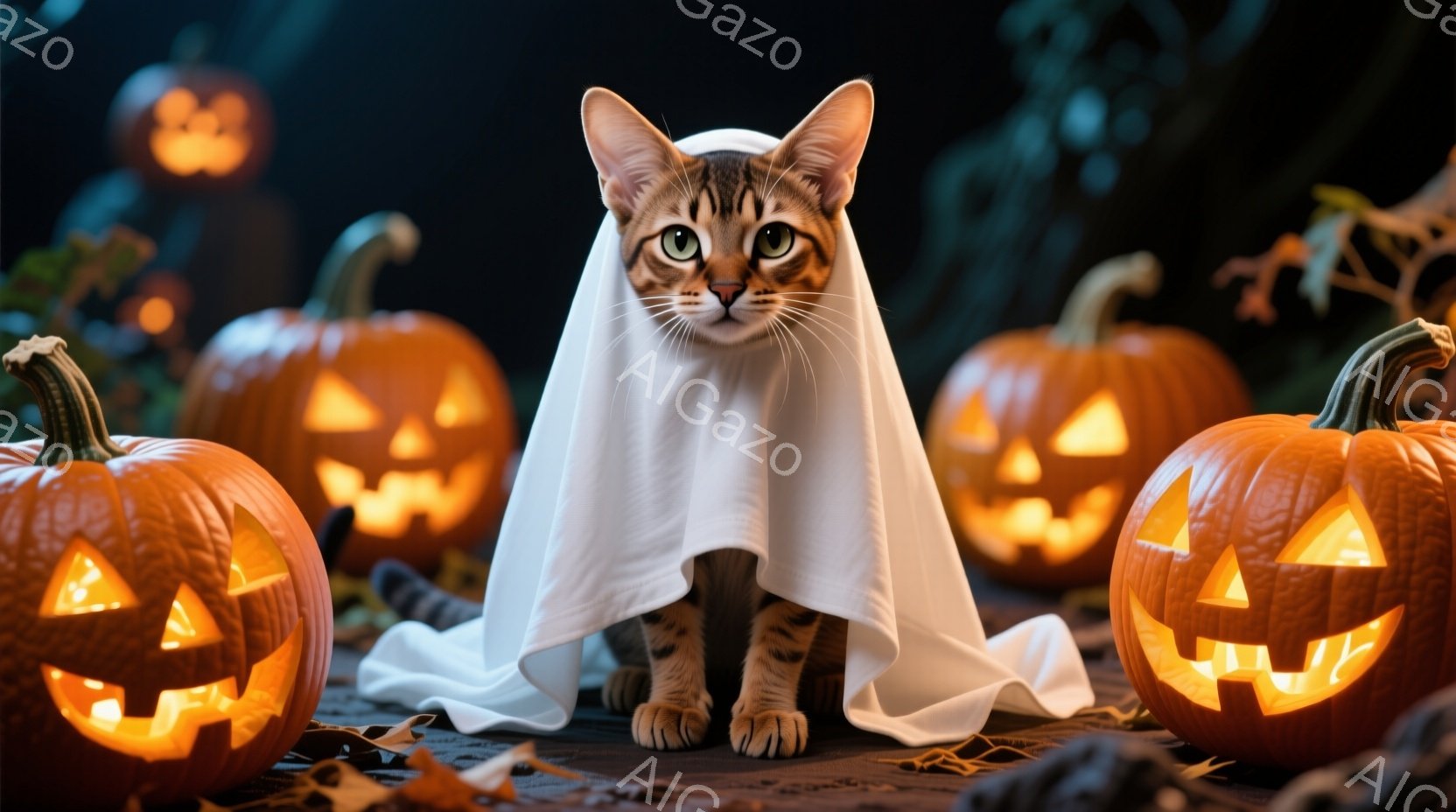 白い衣装を羽織った猫が、ハロウィーンの雰囲気の中で座っています。背景には、彫刻が施された明るいオレンジ色のカボチャが複数並び、落ち葉が散らばっています。全体的に、お祝いと少し不気味な、秋らしいハロウィ - AI生成フリー素材