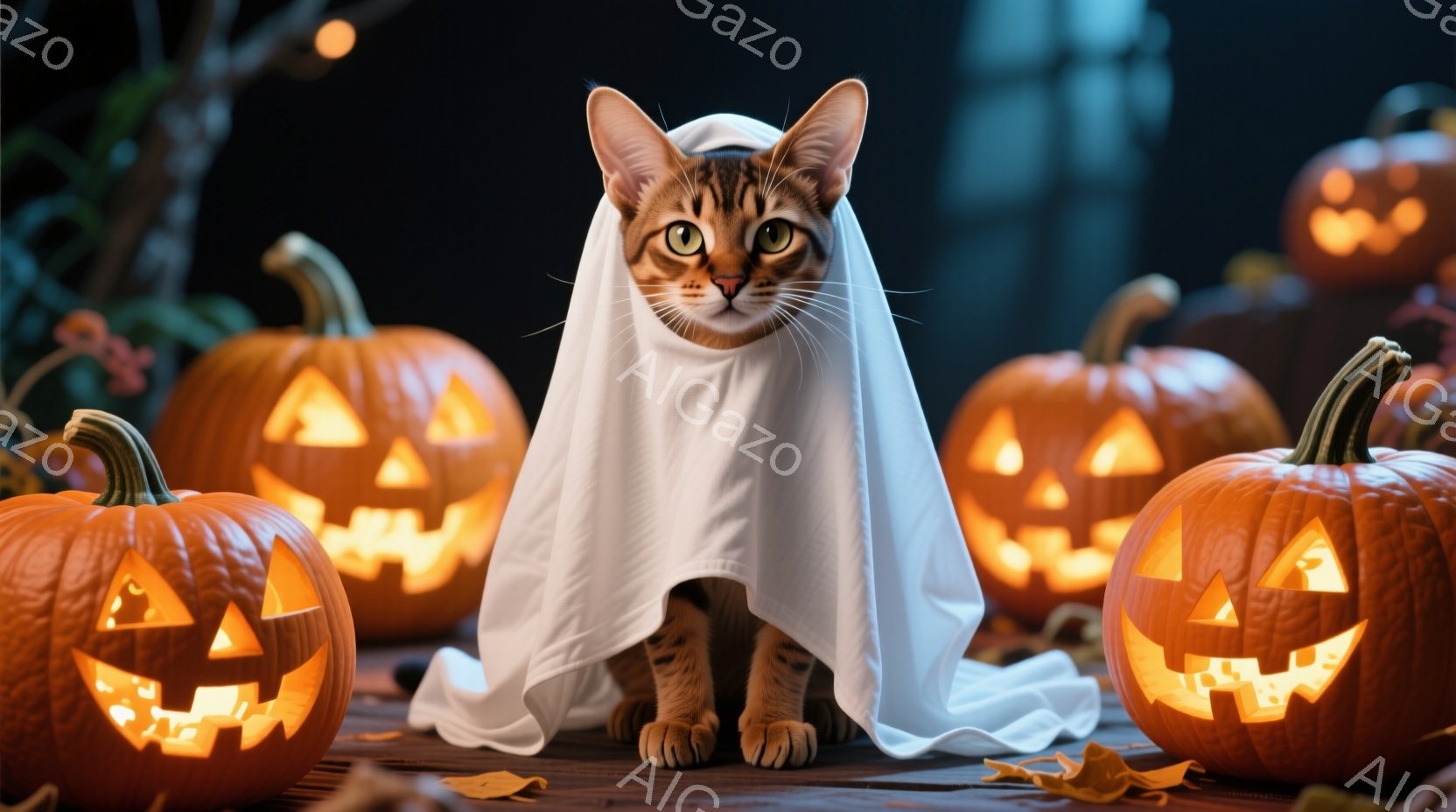 オレンジ色のジャック・オー・ランタンに囲まれた猫が、白い布を羽織って座っています。猫は前足を揃えて座り、少し警戒した表情で正面を見ています。背景には木々が見え、落ち葉が散らばっており、ハロウィーンの夜 - AI生成フリー素材