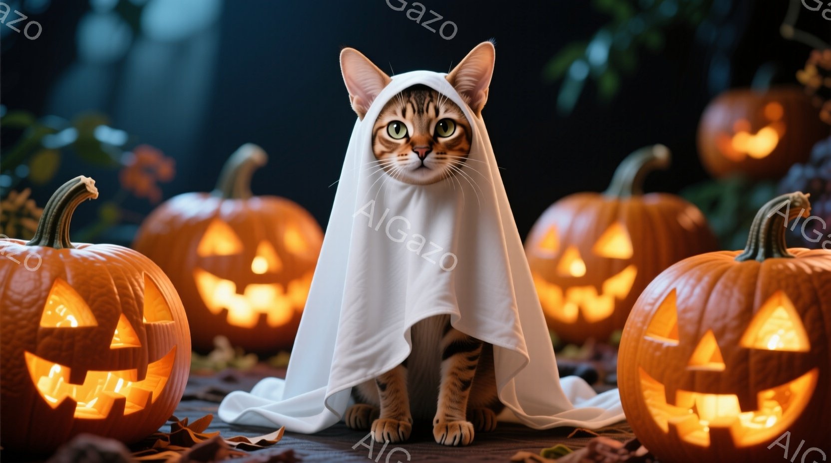 茶色の縞模様の猫が白い布を体にまいて幽霊の仮装をしている。猫は正面をまっすぐ見ており、顔には少しいたずらっぽい表情が見られる。背景にはジャック・オ・ランタンがいくつか並び、落ち葉が散らばっており、ハロ - AI生成フリー素材