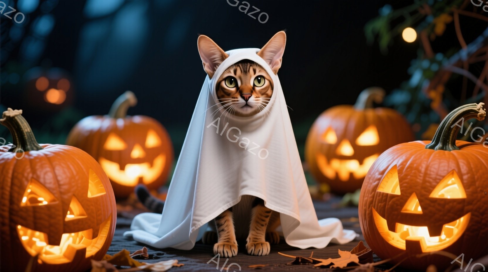 茶色の縞模様の猫が白い布を身にまとい、ハロウィーンの衣装を着ています。猫はまっすぐ前を見ていて、少しいたずらっぽい表情をしています。背景には、顔が彫刻されたジャック・オー・ランタンが並び、落ち葉が散ら - AI生成フリー素材