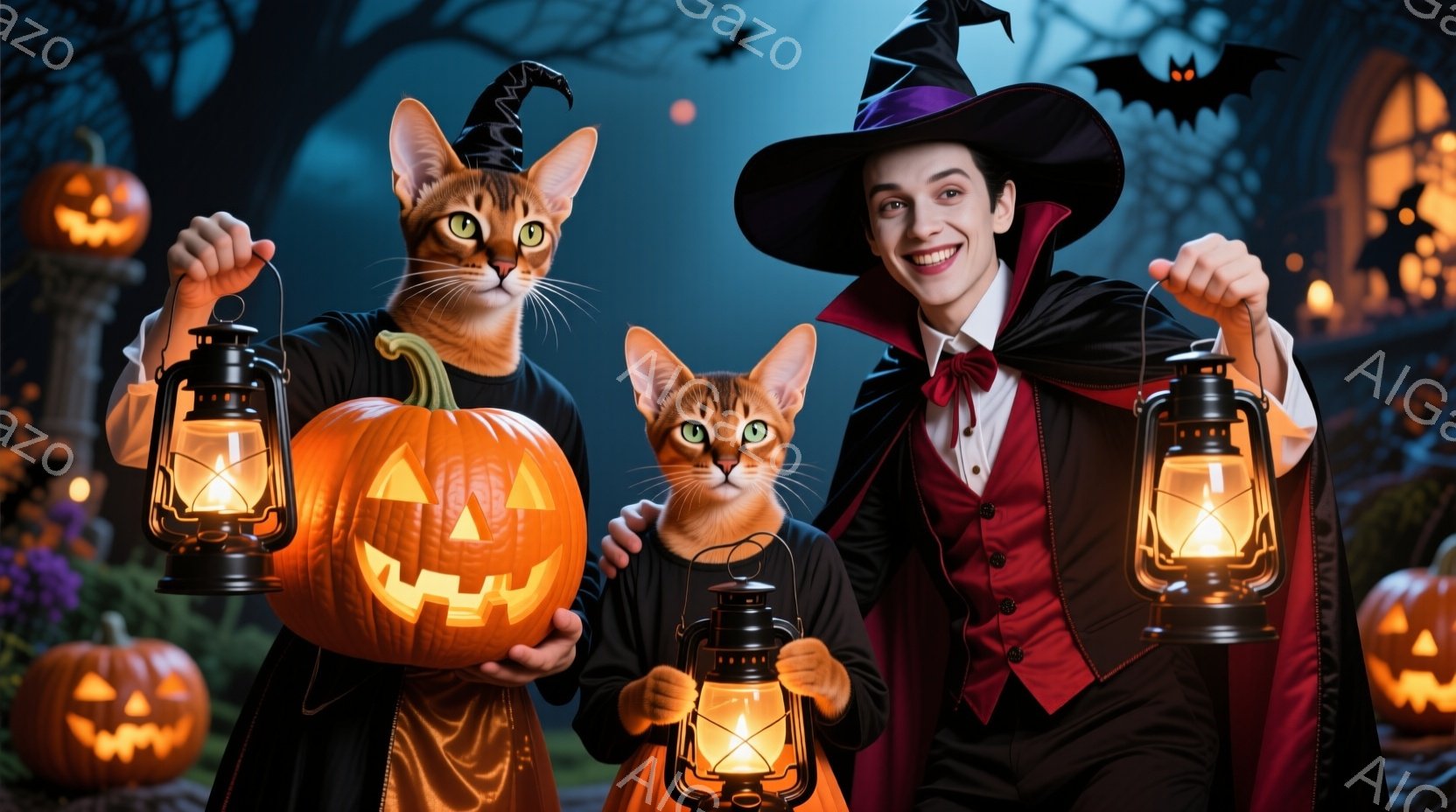 ハロウィーンの衣装を着た男性と猫が、それぞれ提灯とジャック・オ・ランタンを持って立っている。男性は黒い帽子と赤いリボン付きのベスト、黒いケープを身につけ、少しニヤリとした表情で微笑んでいる。背景には、お化け屋敷のような建物、ハロウィーンの飾り付け、そして夜空が広がり、全体的に神秘的で楽しい雰囲気を醸し出している。