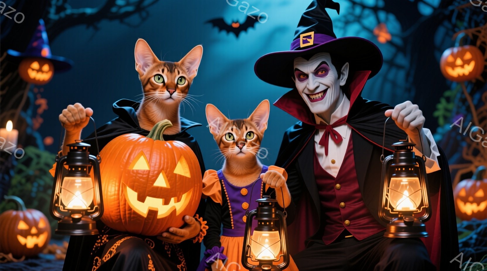 夜のハロウィーンを舞台に、吸血鬼の男と、カボチャと提灯を持つ猫たちが写っている。男は黒いスーツに赤いネクタイ、そして尖った帽子をかぶり、不気味な笑顔を浮かべている。背景にはジャック・オー・ランタンが灯 - AI生成フリー素材