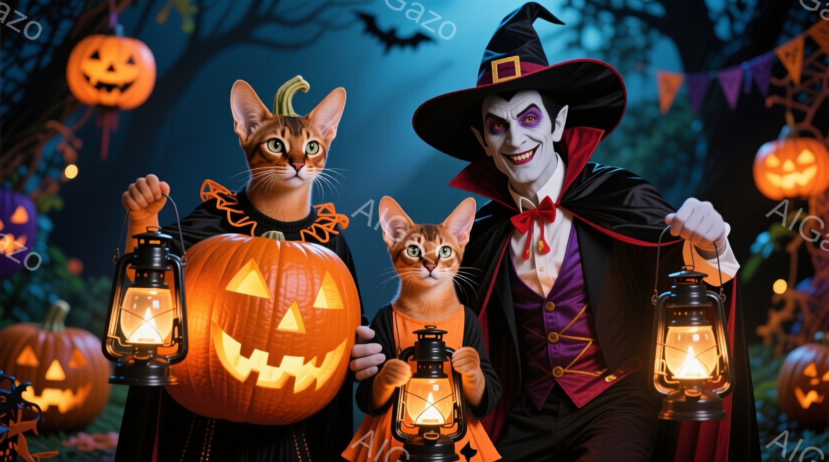 ハロウィーンをテーマにした画像で、ヴァンパイアに扮した男性とカボチャのランタンを抱えた猫が描かれています。男性は黒い帽子、赤いリボン、紫色のベストとコートを身につけ、ニヤリと笑っています。背景にはオレンジ色のジャック・オ・ランタンが散りばめられ、暗い森と夜空が広がっており、お祭り気分が漂っています。