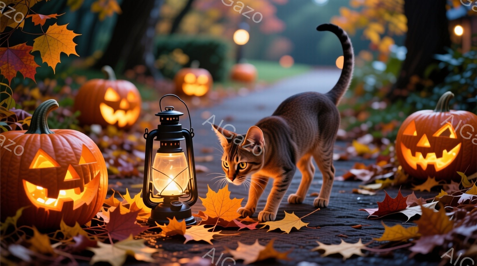 ハロウィーンの装飾が施された暗い道に、茶色の縞模様の猫が潜んでいる様子が写っている。周囲には、彫刻が施されたカボチャと落ち葉が散らばり、背景にはぼんやりと木々が見える。点灯したランタンが猫とカボチャを照らし、ハロウィーンらしい幻想的で温かい雰囲気を醸し出している。