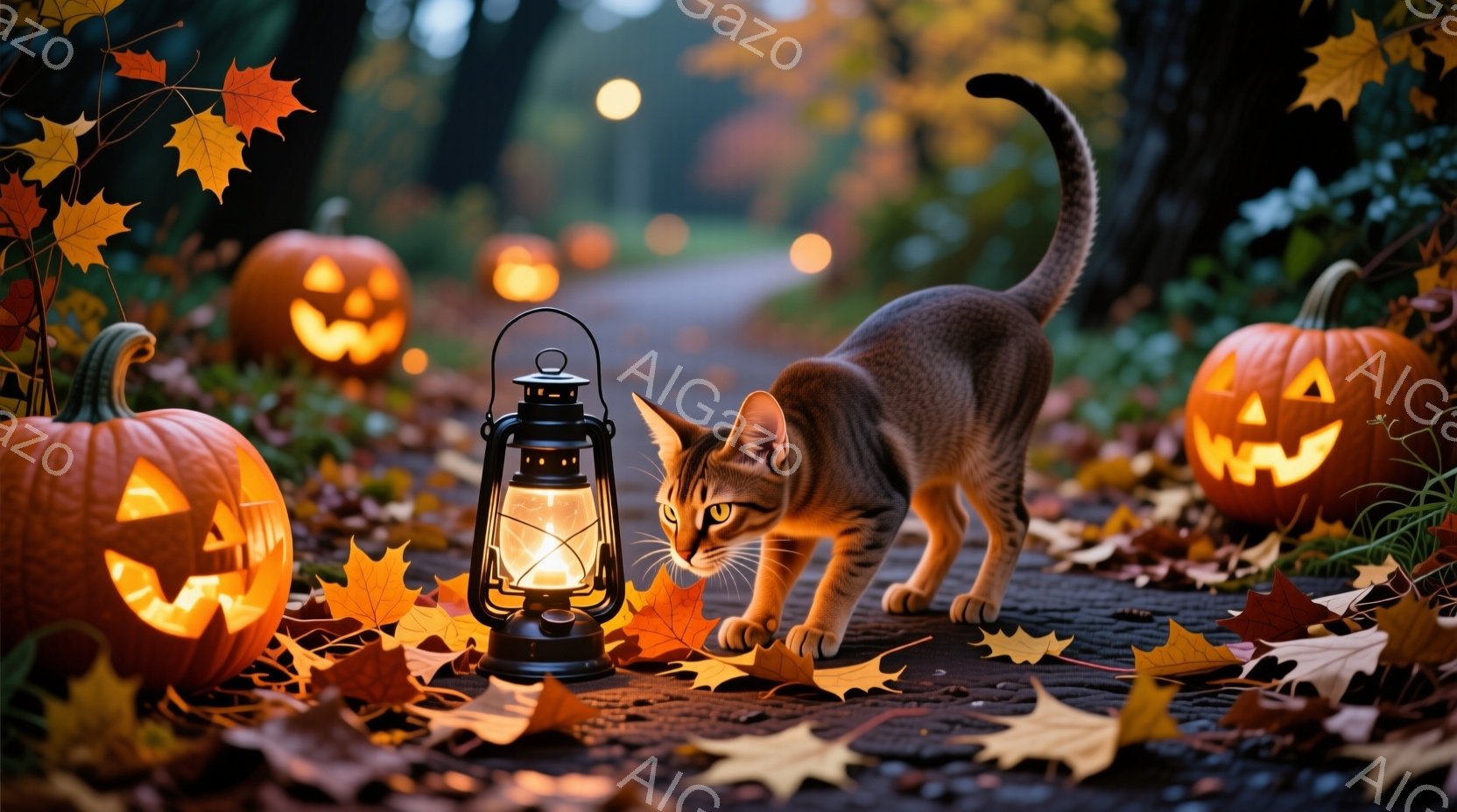 舗装された道には、落ち葉とハロウィーンのジャック・オー・ランタンが散らばっており、その間に一匹の茶色の縞模様の猫が身をかがめて歩いています。背景には、ぼんやりとした街灯と、木々が見え、ハロウィーンの夜の少し不気味で神秘的な雰囲気を作り出しています。明るいオレンジ色のカボチャと、点灯したランタンからの暖かい光が、秋の夜の暖かさと心地よさを強調しています。