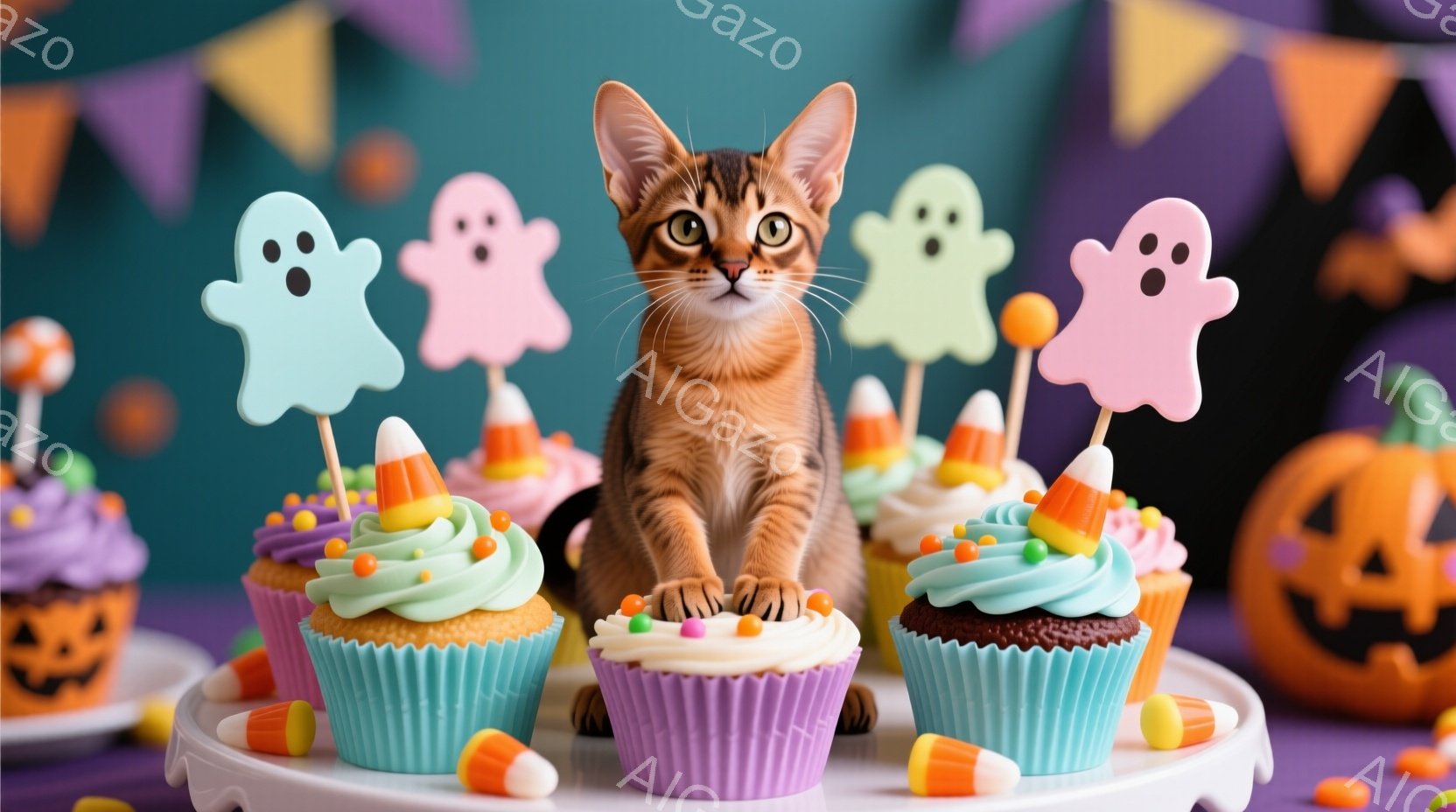 「ハロウィン」をテーマにした写真です。その中心に座っているキジリの猫が、彼の前のカクテルプレートに手を伸ばし、そこには「ハロウィン」をテーマにしたカップケーキと小型のお菓子が並んでいます。 猫は茶色の毛皮を持ち、足を自分の前のカップケーキに置きます。彼の表情は好奇的であり、その目は大きく開いているように見えます。