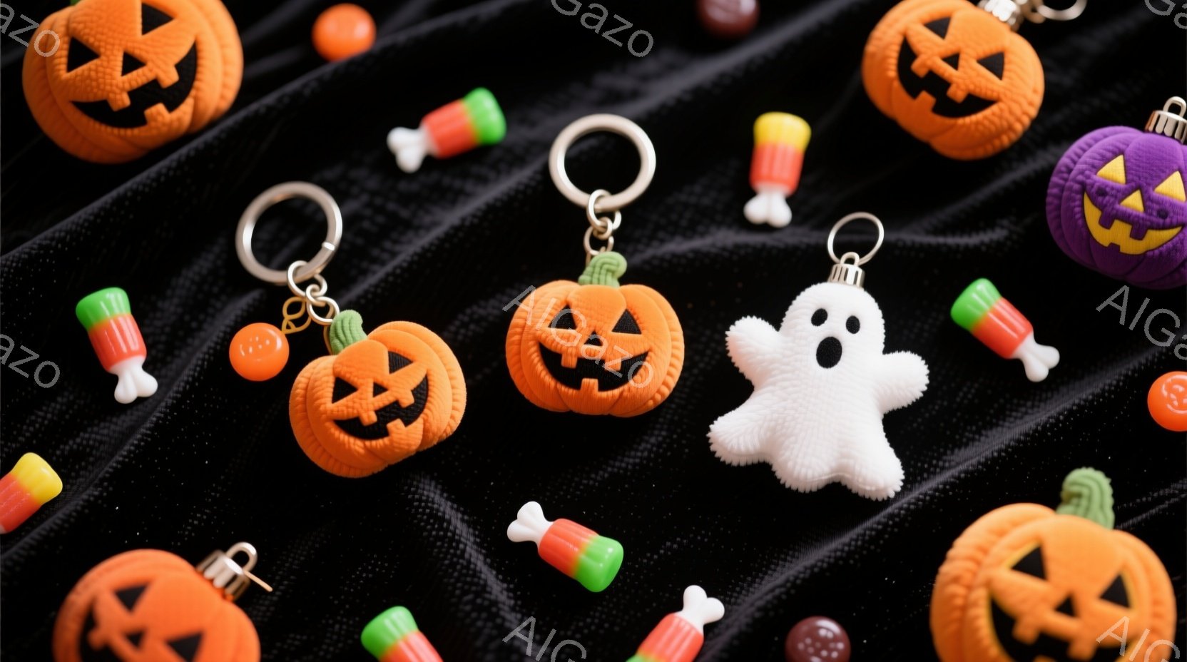 黒い背景に、ハロウィーンをテーマにしたキーホルダーやキャンディが散りばめられています。オレンジ色のジャック・オー・ランタン、白い幽霊、紫色のモンスター、そして緑と白の縞模様のキャンディが可愛らしく配置され、お祭り気分を盛り上げています。全体的にカラフルで遊び心があり、ハロウィーンの楽しさを表現しています。
