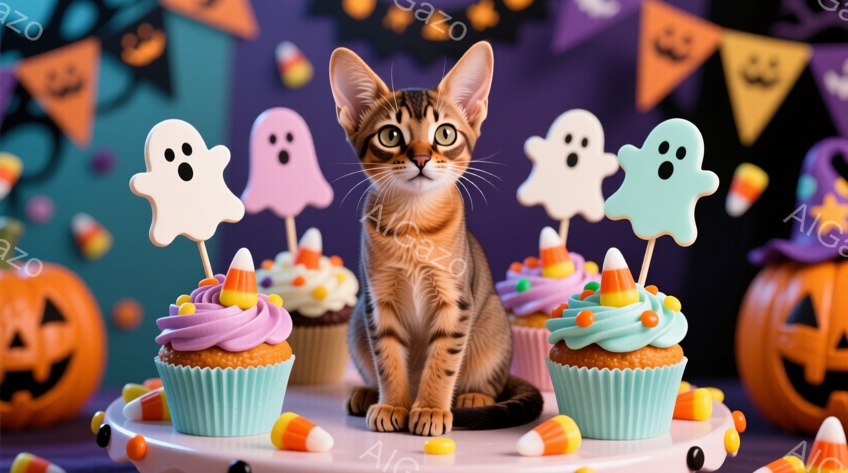 オレンジ色のキジトラの子猫が、ハロウィーンをテーマにしたケーキの周りに座っています。ケーキは水色とピンクのアイシングで飾られ、お菓子やキャンディーコーンが散りばめられています。背景には、ハロウィーンの飾り（カボチャのランタンやゴーストのモチーフ）が描かれ、お祝いムードが高まっています。
