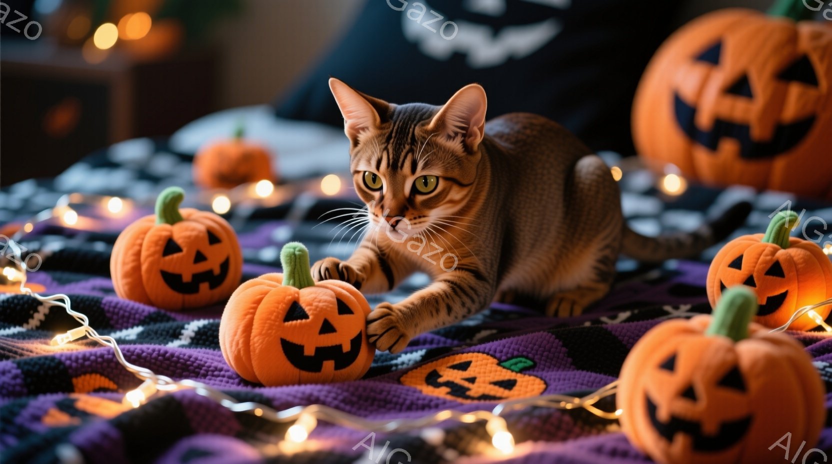 縞模様の猫がハロウィーンの飾りである小さなオレンジ色のジャック・オー・ランタンの周りにいます。猫は前足を伸ばして遊んでいるような姿勢で、少し好奇心旺盛な表情をしています。背景には紫と黒のチェック柄の布 - AI生成フリー素材