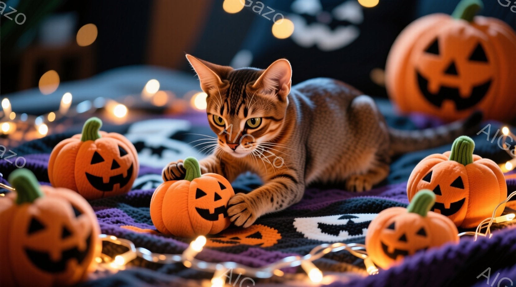 縞模様の猫が、ハロウィーンの小さなカボチャの置物の上に前足を乗せ、遊び心に満ちた表情でこちらを見ている。紫色の毛布の上にカボチャが並べられ、背景にはぼんやりとハロウィーンの装飾と電飾が光り、暖かく幻想的な雰囲気を作り出している。全体的に、秋らしい温かさとハロウィーンの遊び心を感じさせる、可愛らしい光景である。
