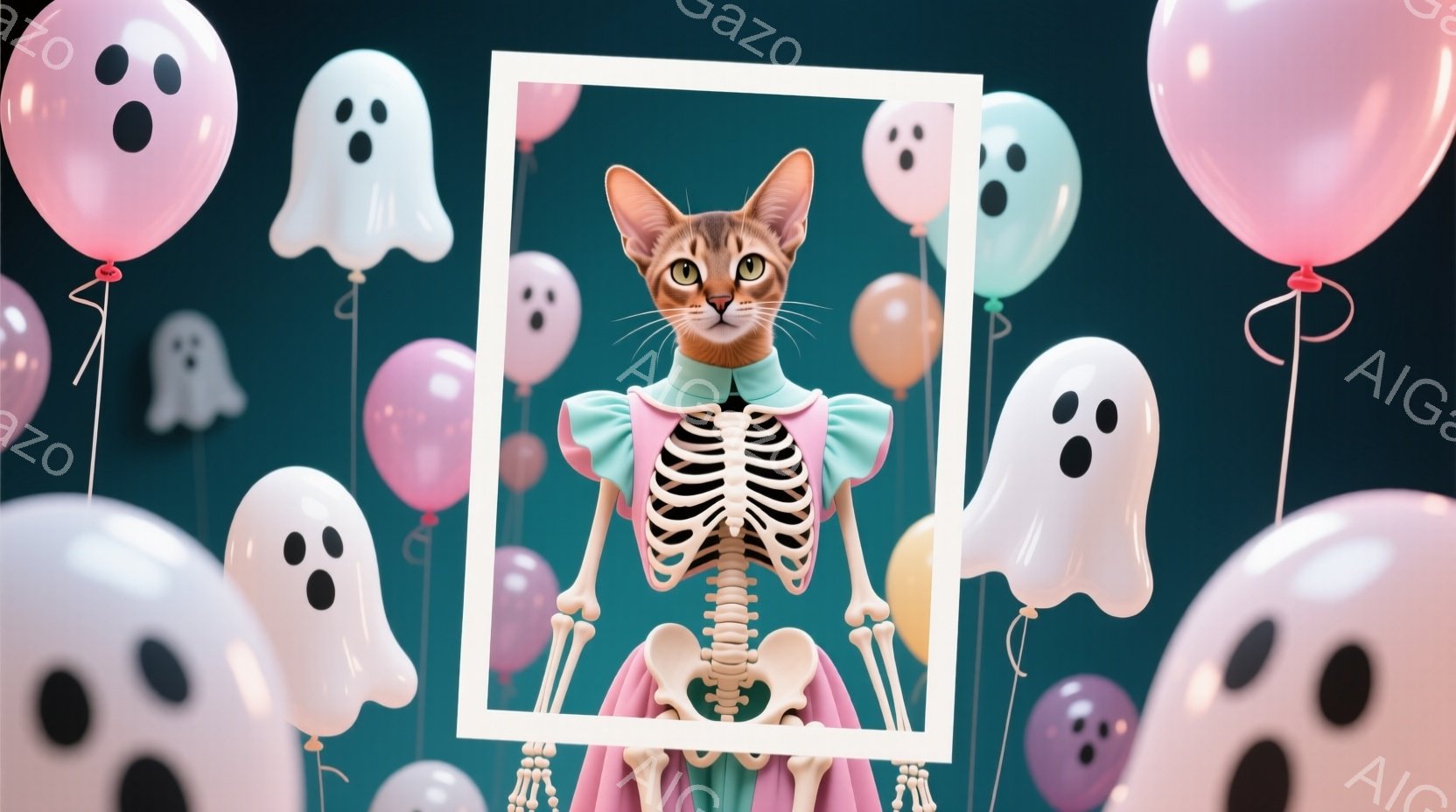 白いフレームの中に、骨格を模した衣装を着た猫が立っている。猫は明るい緑色の襟と薄ピンク色のマントを身に着け、鋭い眼差しで正面を見つめている。背景には、パステルカラーの幽霊のバルーンが多数浮かび、ハロウ - AI生成フリー素材