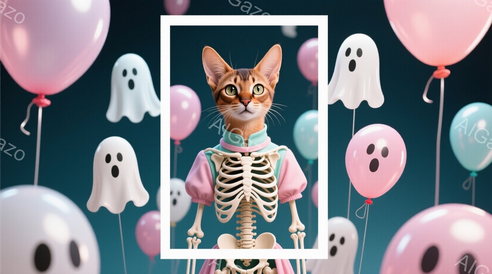 猫が骸骨の衣装を着て立っています。ピンクと水色の風船や、可愛らしい幽霊が背景に浮かび、ハロウィーンの楽しい雰囲気を醸し出しています。猫の表情は少し驚いたようにも見え、ユニークな衣装との組み合わせがユー - AI生成フリー素材