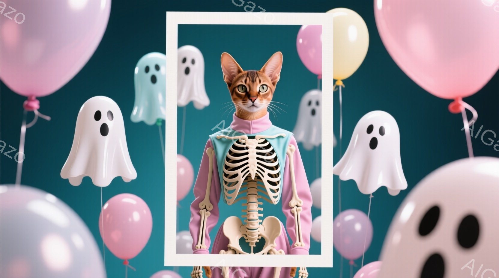 白いフレームの中に、骸骨模様のジャンプスーツを着た猫が立っています。猫は前をまっすぐ見ており、表情は落ち着いています。背景には、ピンクと紫の風船と、ぼんやりとした白い幽霊が浮かび、ハロウィーンらしい遊び心のある雰囲気を醸し出しています。