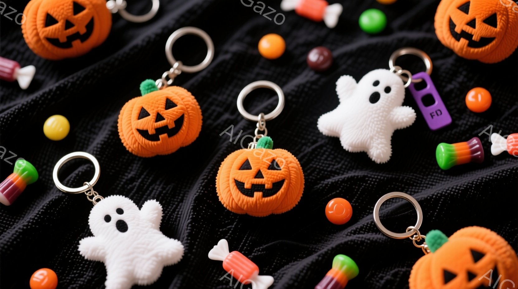 黒い布の背景に、ハロウィーンをテーマにしたキーホルダーやキャンディーが散りばめられています。オレンジ色のジャック・オー・ランタンと白いお化けのキーホルダーが目立ち、赤、オレンジ、黄色の様々なキャンディーが可愛らしい雰囲気を作り出しています。全体的に、ハロウィーンのお祝いを連想させる、明るく楽しいイメージです。