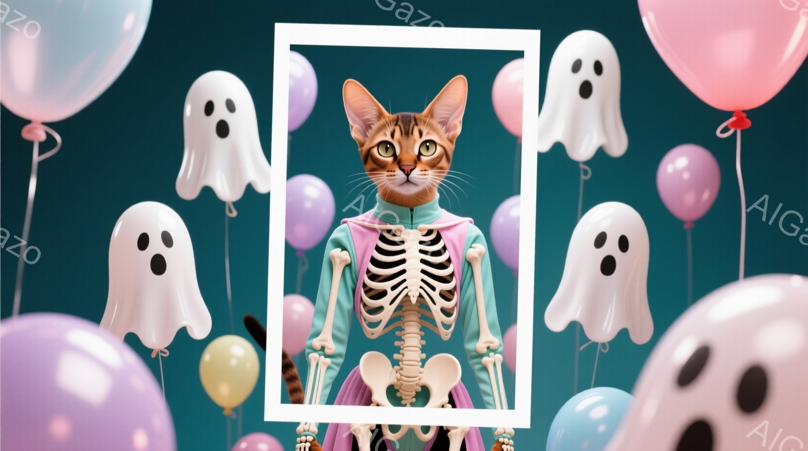 白いフレームの中に、ハロウィーン風の衣装を着た猫が立っています。猫はターコイズブルーのドレスに白い骸骨のプリントが施されており、可愛らしい表情をしています。背景には、パステルカラーの風船と幽霊のイラス - AI生成フリー素材