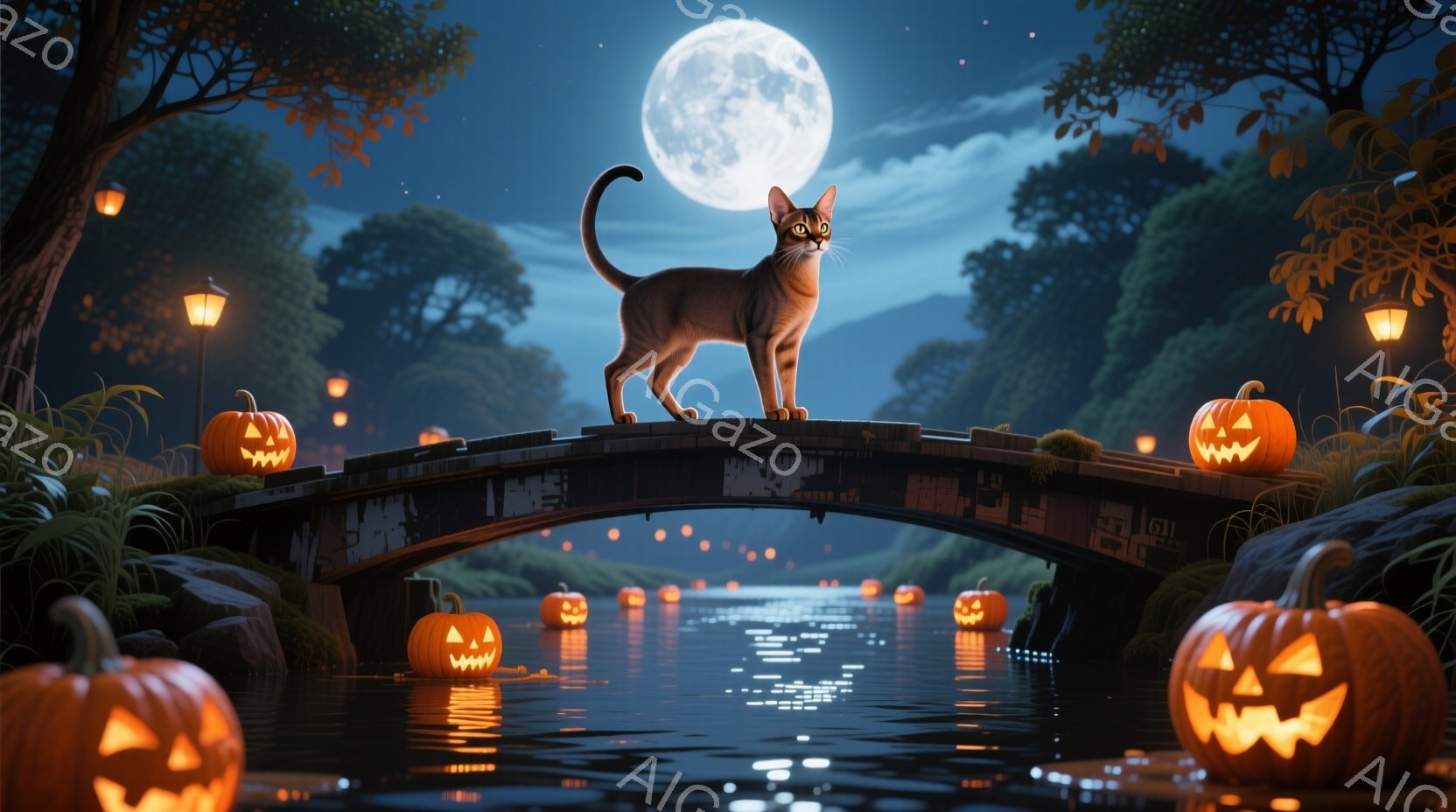 満月の夜、アーチ型の橋の上にオレンジ色の毛並みの猫が凛々と立っている。橋の両脇には光るカボチャが並び、水面にはその光が反射して幻想的な雰囲気を醸し出している。背景には緑豊かな木々が立ち並び、ハロウィン - AI生成フリー素材