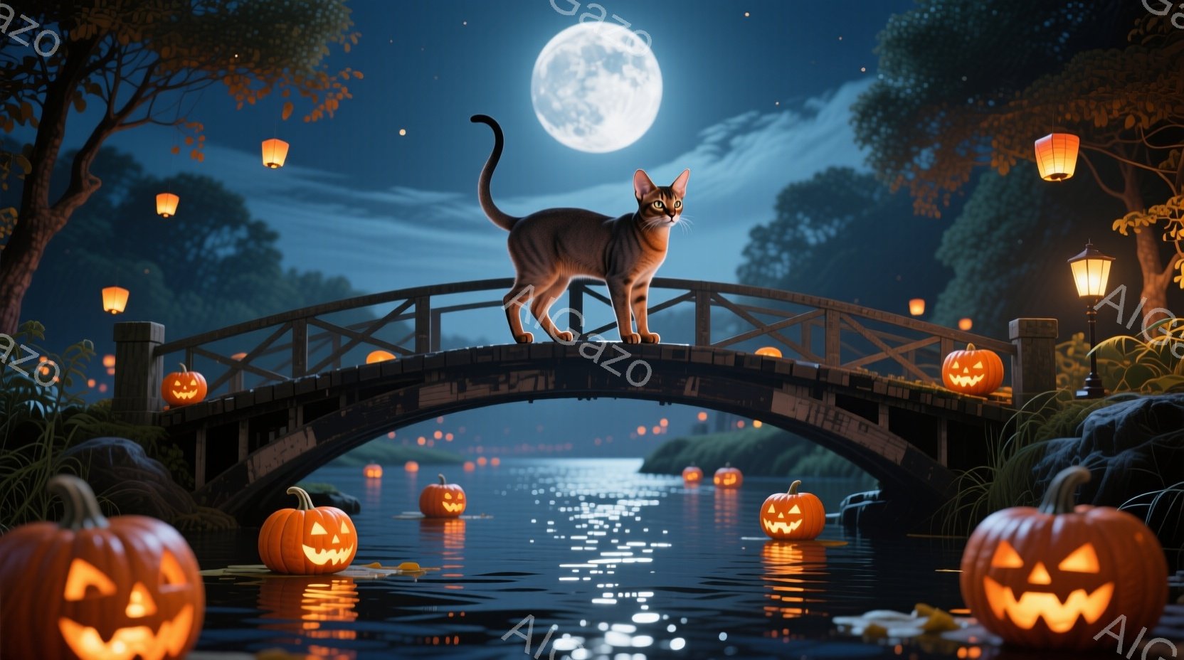 満月が輝く夜、石橋の上を猫が優雅に歩いている。橋の下の川には、光るハロウィーンのランタンが浮かび、周囲にはカボチャが置かれ、幻想的な雰囲気を醸し出している。 夜空は暗く、全体的に神秘的で落ち着いた印象 - AI生成フリー素材
