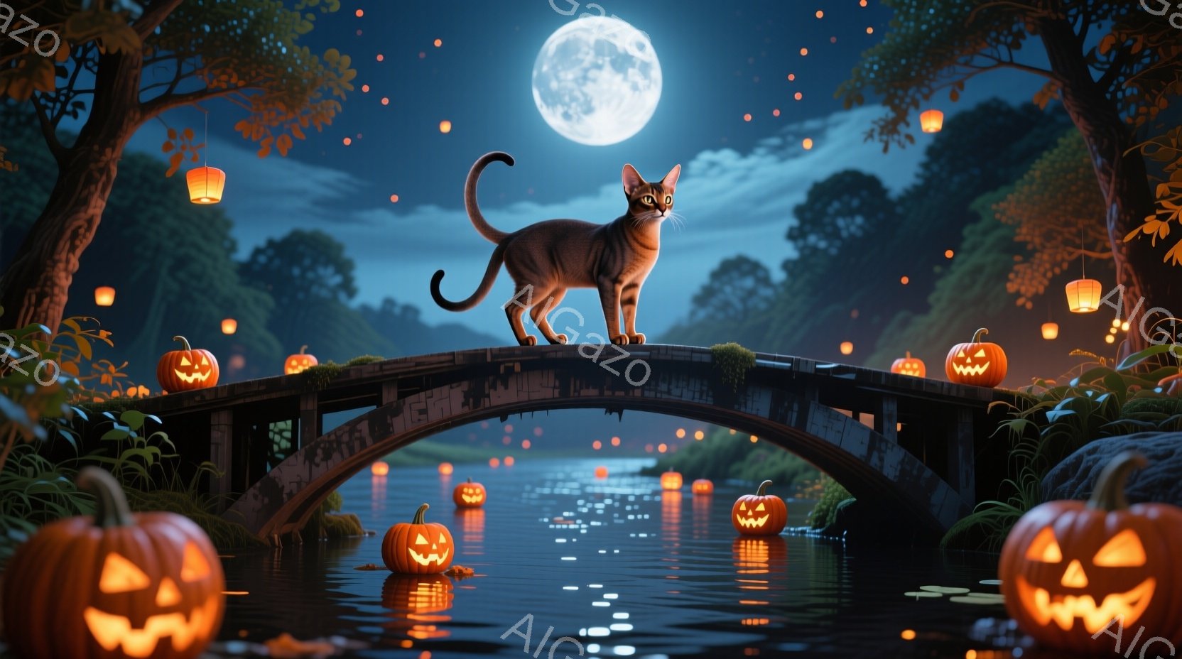 満月の夜、橋の上には縞模様の猫が優雅に立っている。橋の欄干や水面には様々な大きさのジャック・オー・ランタンが配置され、幻想的な雰囲気を醸し出している。背景には木々が茂り、水面に映る月明かりとオレンジ色 - AI生成フリー素材