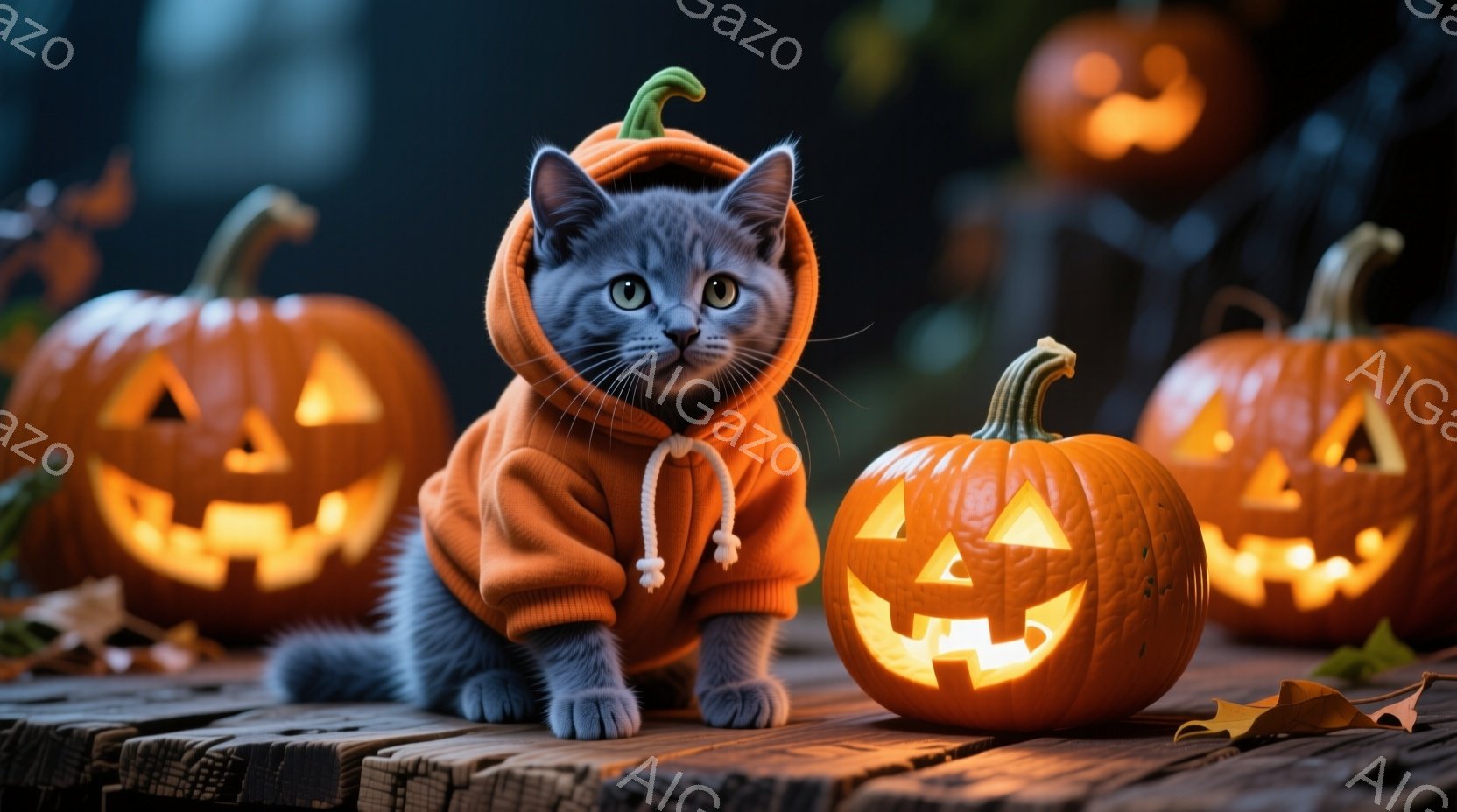 灰色の猫が、ハロウィンのカボチャ柄のオレンジ色のパーカーを着ています。カボチャのフードには紐がついており、猫は前足を伸ばして座り、カメラの方を見ています。背景には、彫刻が施された光るカボチャがいくつか - AI生成フリー素材
