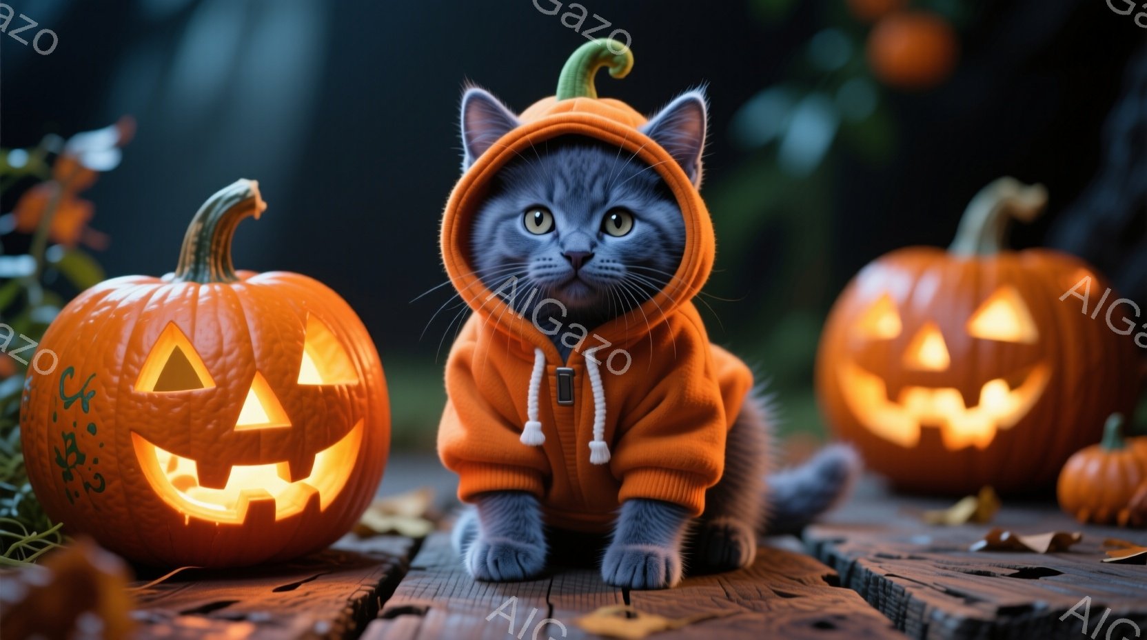 灰色の小さな子猫が、ハロウィーンのランタンを模したオレンジ色のパーカーを着て、木製の床に座っています。その表情は好奇心に満ちており、前足を揃えてまっすぐカメラを見ています。背景には、ジャック・オー・ラ - AI生成フリー素材