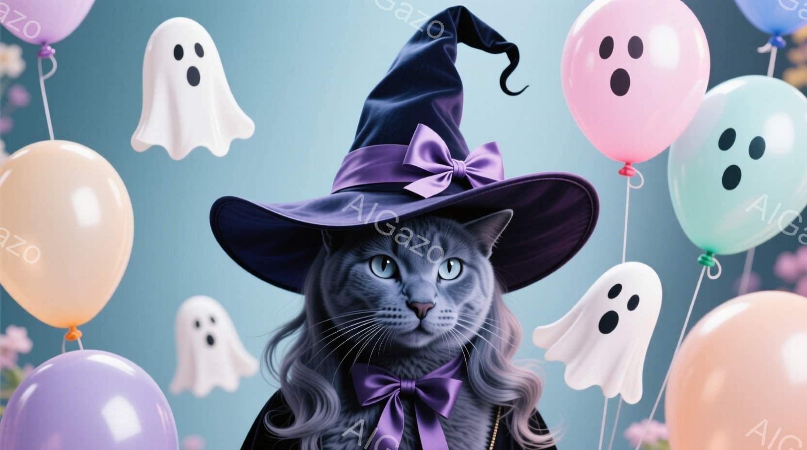 灰色の縞模様の猫が、紫のリボンと大きなつばを持つ魔女帽子をかぶって正面を見つめています。首には紫のリボンが巻かれ、背景にはパステルカラーの風船と幽霊の形をしたバルーンが浮かんでいます。 全体的に、ハロ - AI生成フリー素材