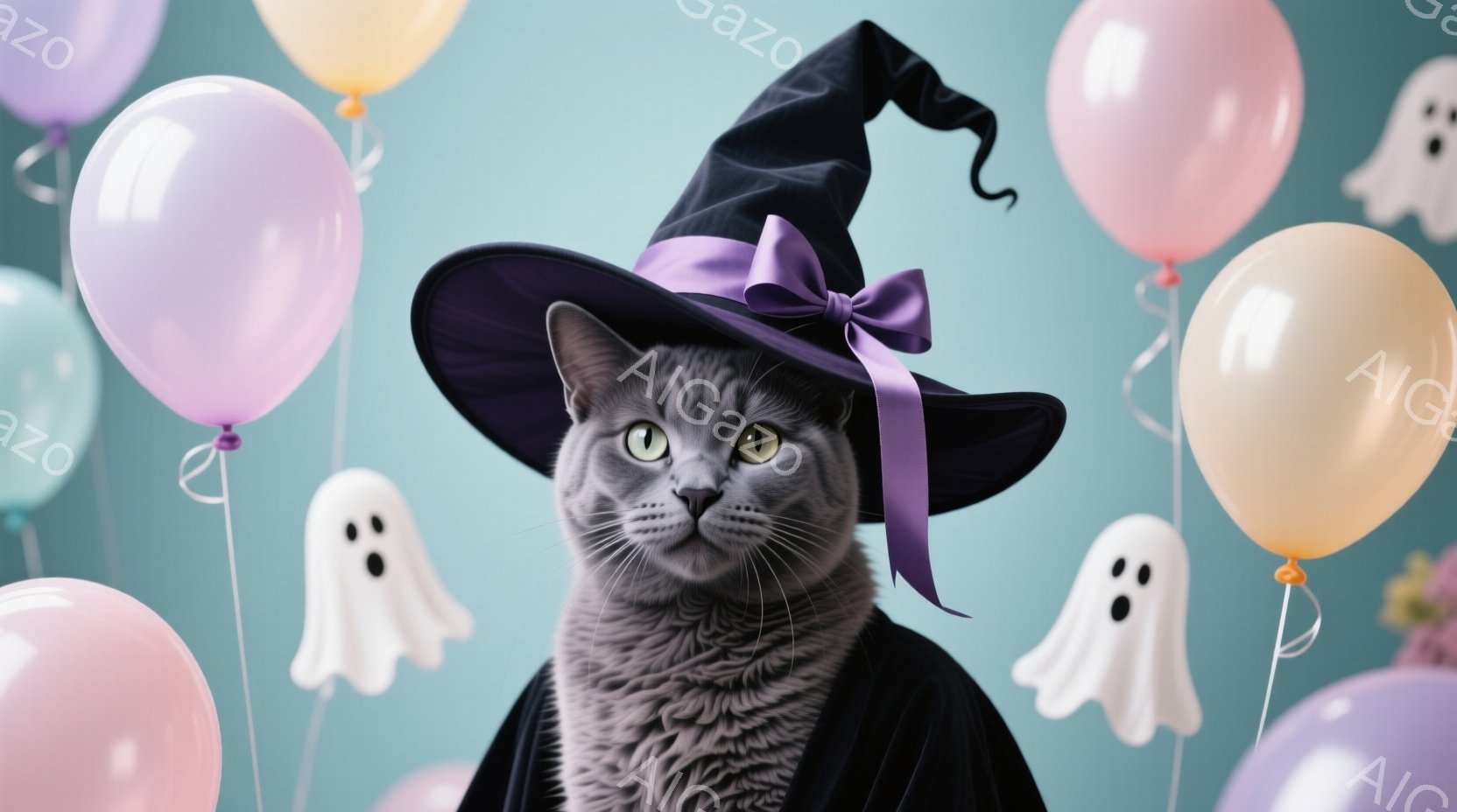 この猫はハロウィーンの魔女の衣装を着ており、黒いローブと紫色のリボンが結ばれた尖った帽子をかぶっています。猫は正面をまっすぐ見つめ、少し誇らしげな表情をしています。背景には、パステルカラーの風船や幽霊 - AI生成フリー素材