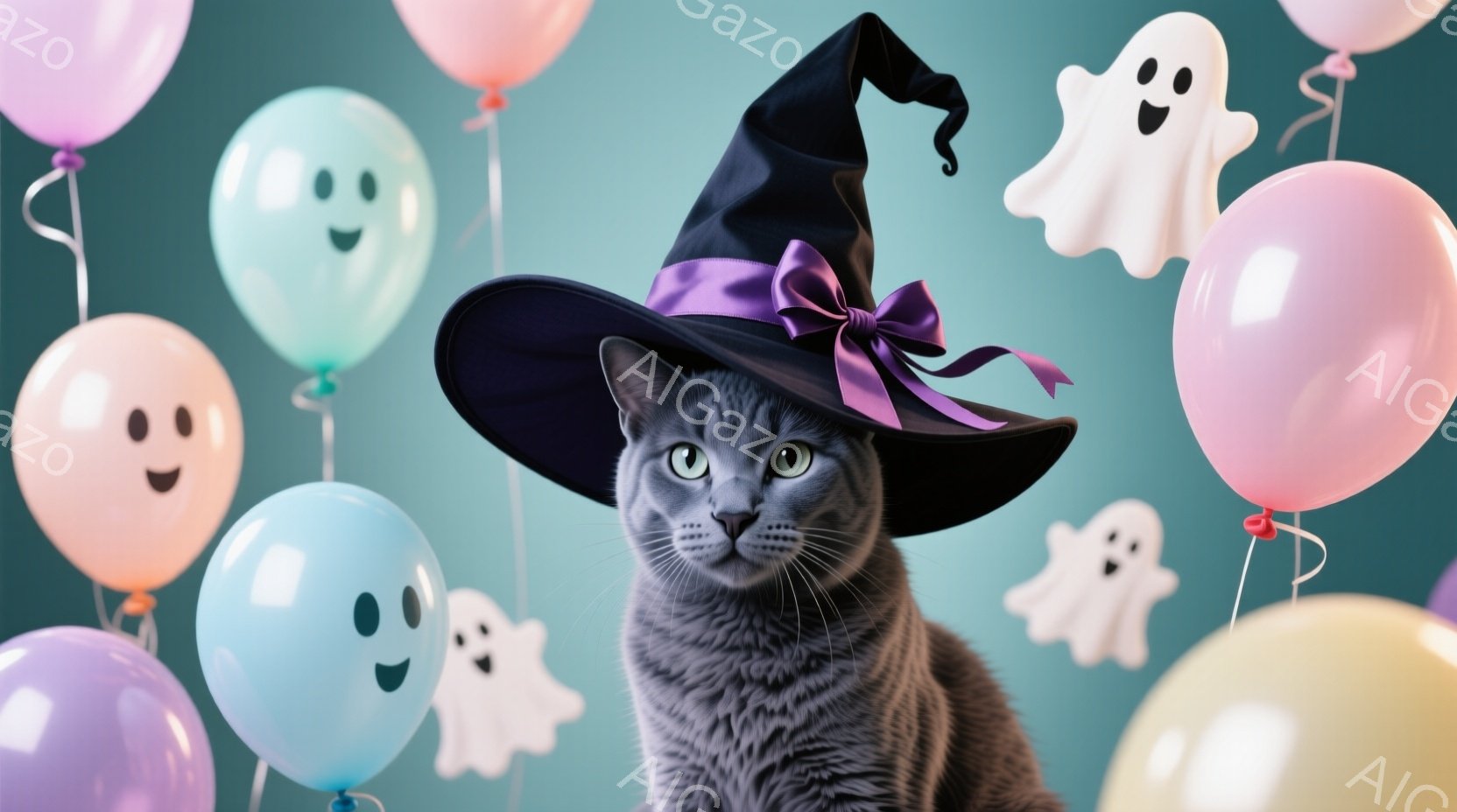 グレーの猫が、紫色のリボンが付いた黒い魔女帽子を被って正面を見つめています。背景には、ピンク、水色、白、薄紫色のハロウィーンの幽霊と風船が浮かんでおり、お祝いの雰囲気を醸し出しています。猫は穏やかな表 - AI生成フリー素材