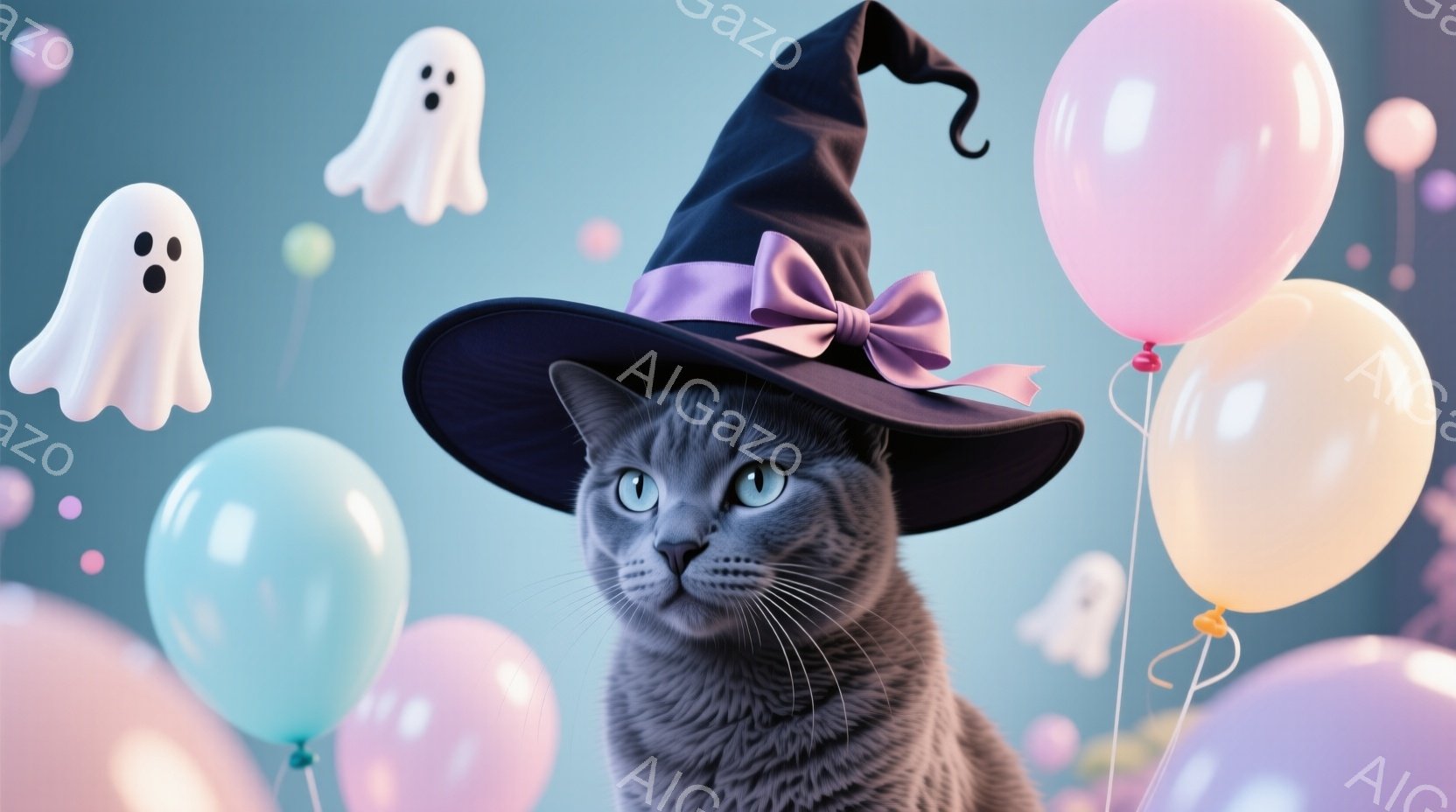 灰色の猫がハロウィーンの帽子をかぶって正面を見つめています。背景には、パステルカラーの風船や可愛らしいお化けが浮かび、お祝いムードを演出しています。全体的に明るく、遊び心のある、楽しいハロウィーンの雰 - AI生成フリー素材