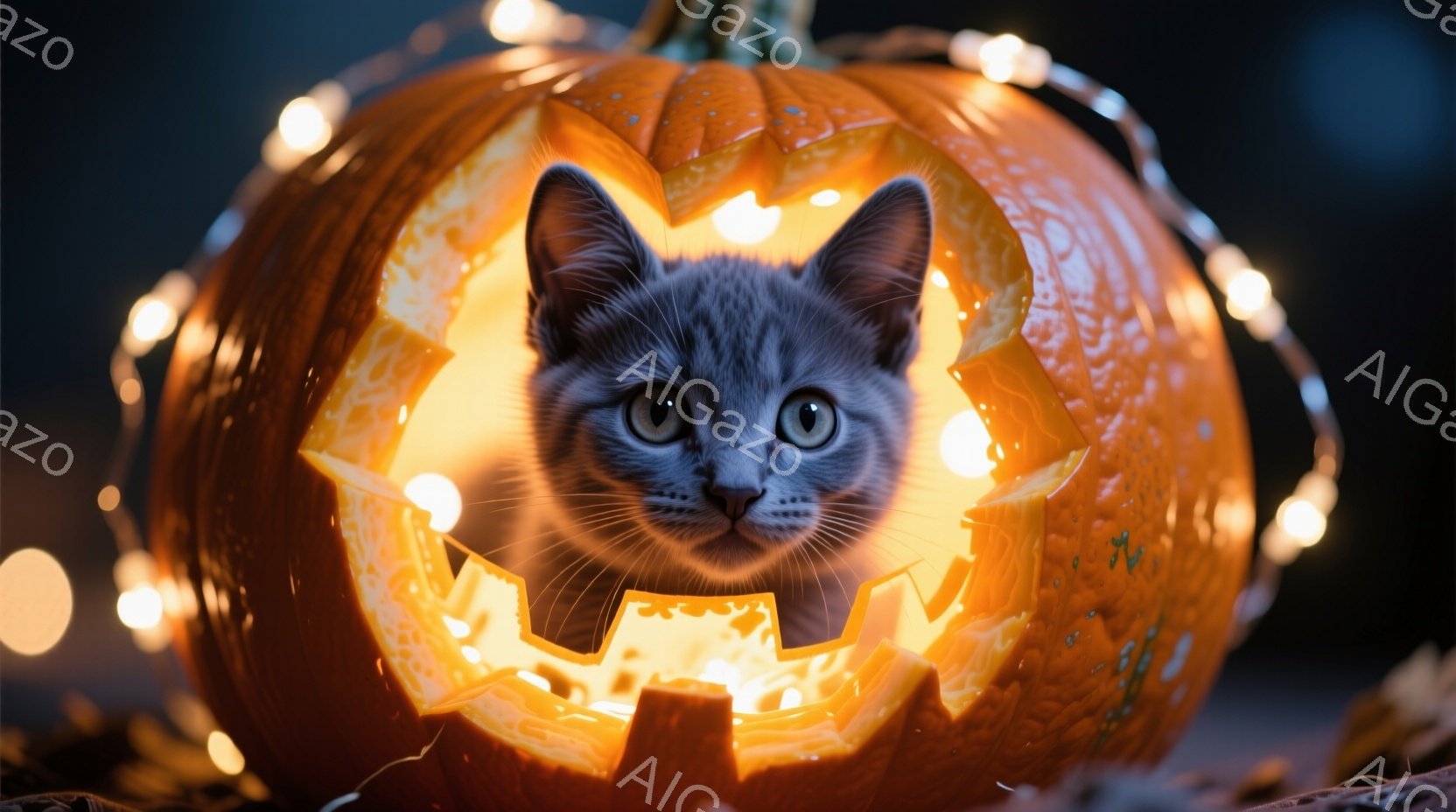 彫刻されたハロウィーンカボチャの中から、グレーの毛並みの小さな子猫がこちらを見つめています。カボチャの内側は明るいオレンジ色に輝き、子猫の顔を照らし出しています。背景にはぼやけた光のイルミネーションが - AI生成フリー素材