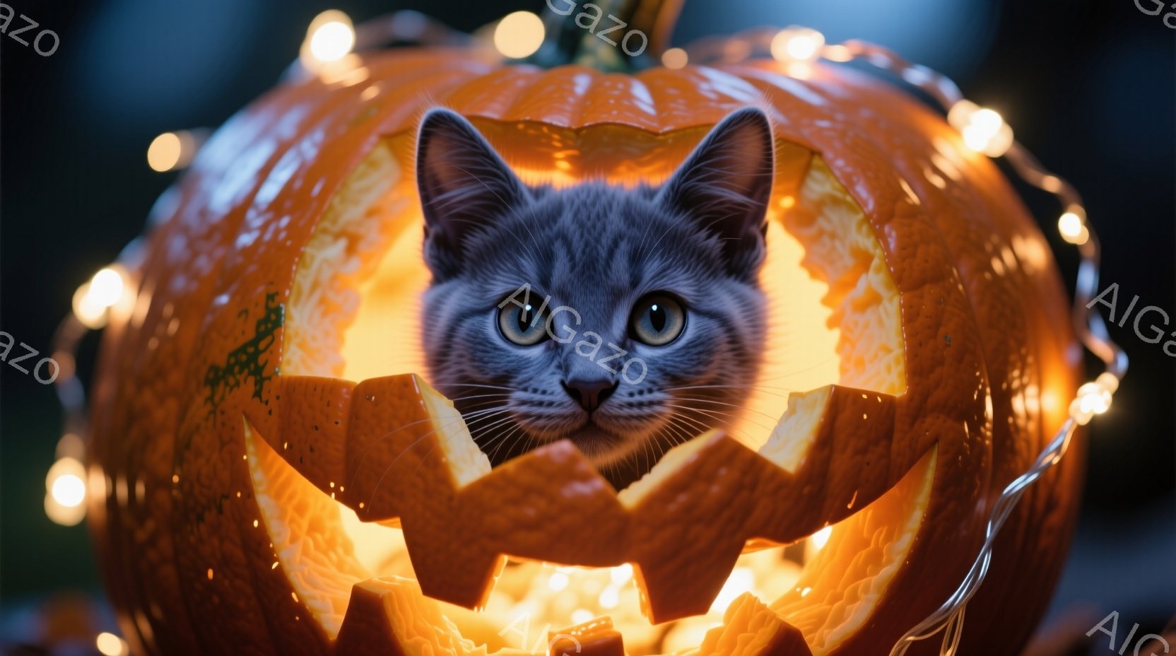ハロウィーンの装飾であるくり抜かれたカボチャの中に、灰色の猫が顔を出しています。猫は正面を見つめ、少し驚いたような表情をしています。背景にはぼやけた光のストリングがあり、全体的に暖かく、遊び心のある雰 - AI生成フリー素材