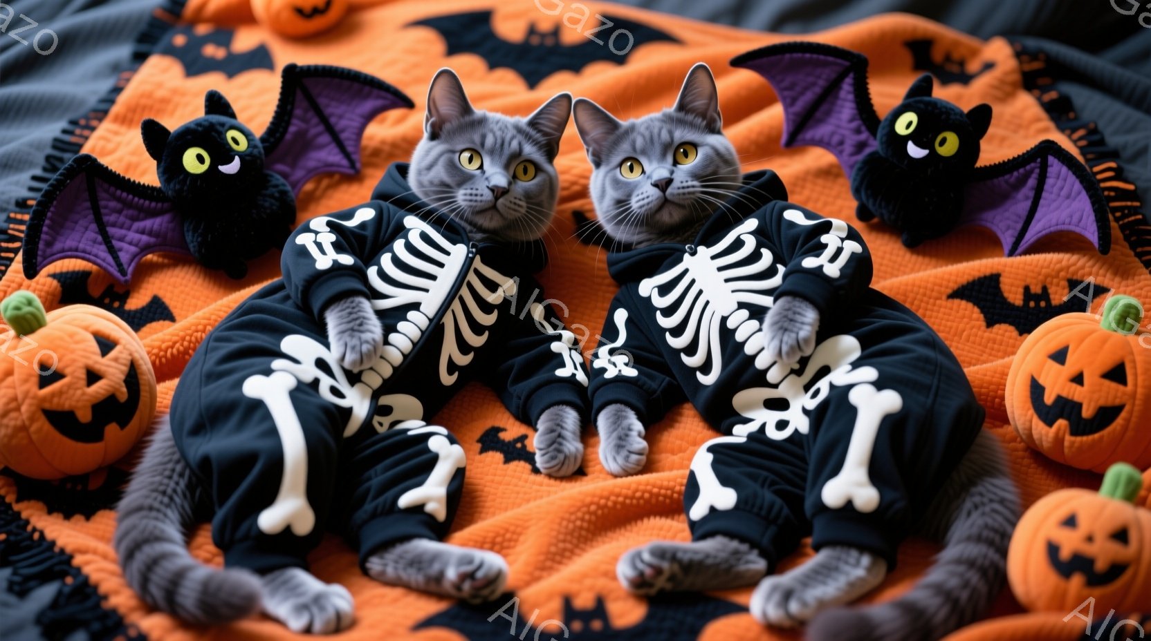 灰色の猫が2匹、ハロウィーンをテーマにしたオレンジ色の背景の中で、骸骨柄の黒い衣装を着て座っています。猫たちは前足を揃えて座っており、少し驚いたような、または興味津々な表情をしています。背景には、カボチャのぬいぐるみやコウモリの飾りがあり、ハロウィーンらしい陽気な雰囲気を醸し出しています。