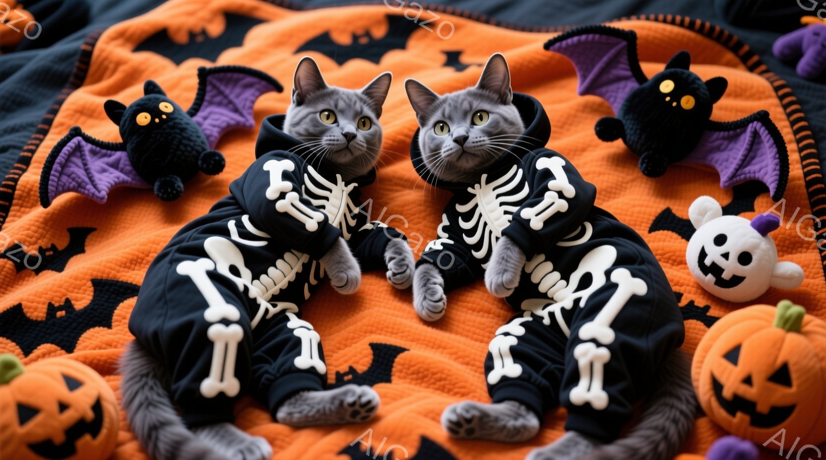 ハロウィーンの装飾に囲まれた2匹の灰色の猫が写っています。猫たちはそれぞれ骨格柄の衣装を着ており、リラックスした姿勢で横たわっています。背景には、オレンジ色の毛布、カボチャのぬいぐるみ、黒いコウモリの - AI生成フリー素材