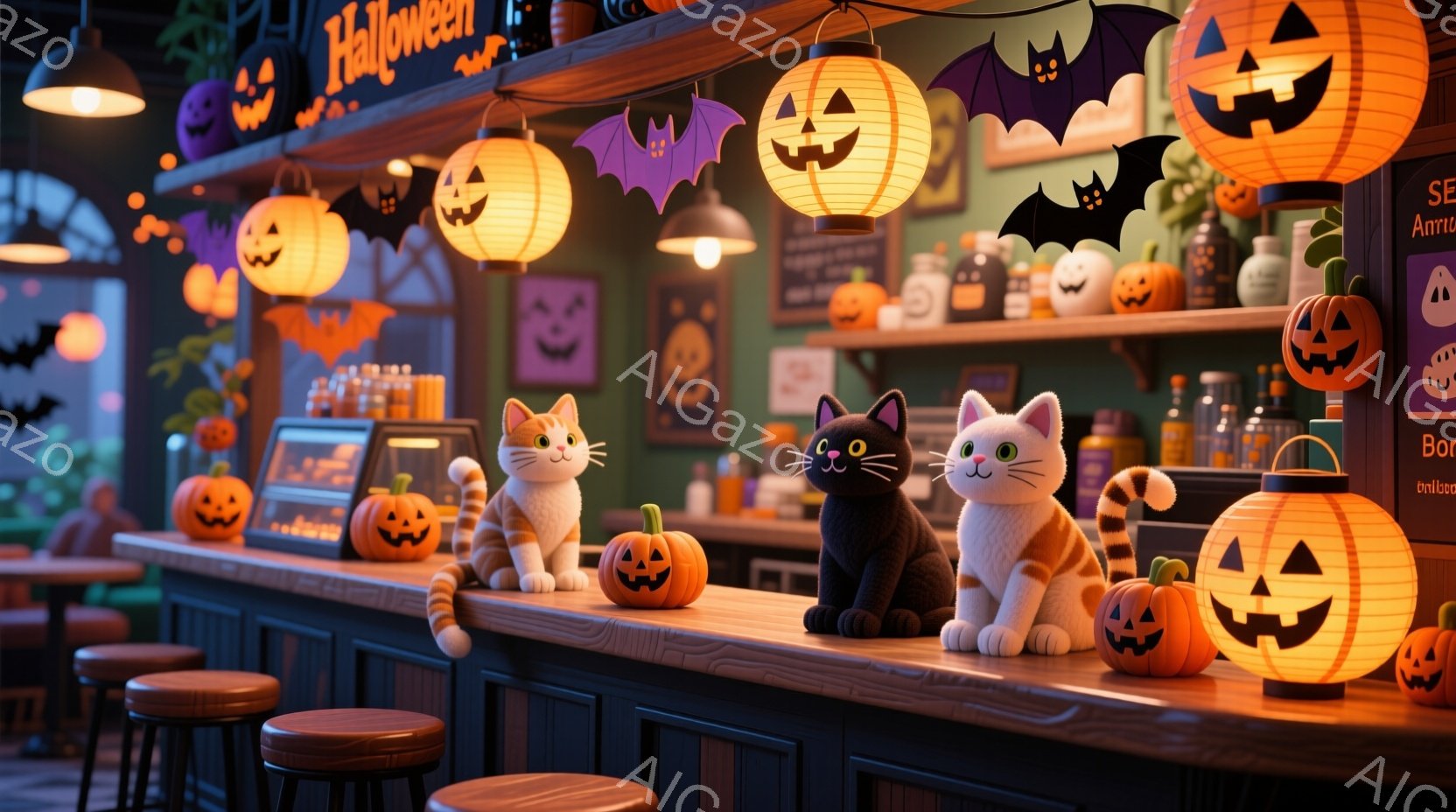 ハロウィーンをテーマにしたバーカウンターの様子が描かれています。オレンジ色の猫と黒色の猫が、ジャック・オー・ランタンに囲まれたカウンターに座ってこちらを見ており、ハロウィーンの装飾が全体に施されていま - AI生成フリー素材