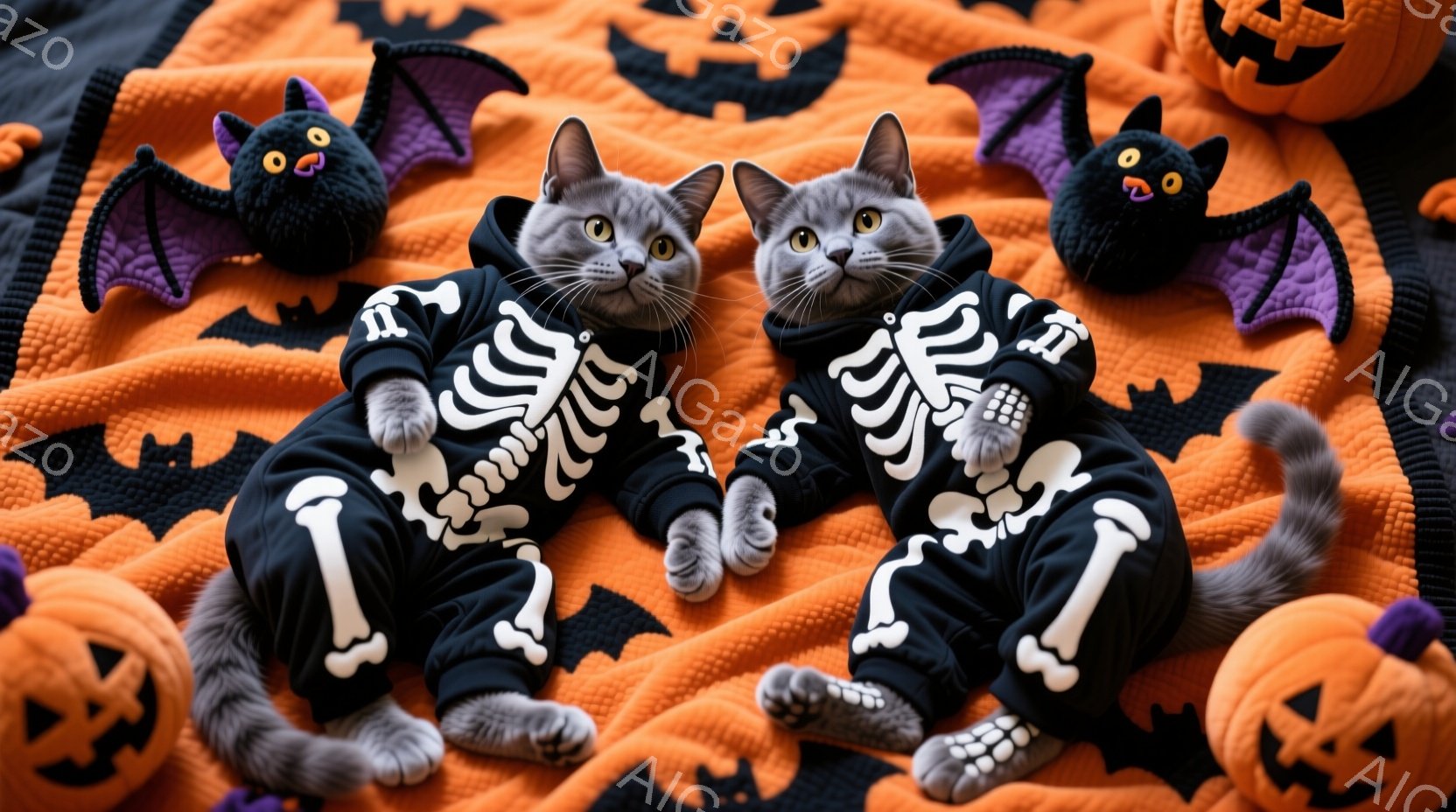 灰色の猫が2匹、ハロウィーンをテーマにした黒いジャンプスーツを着ています。ジャンプスーツには白い骸骨模様が描かれており、猫たちはリラックスしたポーズで、おもちゃの黒いコウモリとオレンジ色のカボチャに囲まれています。背景にはハロウィーンらしいオレンジと黒のパターンが広がり、お祭り気分を盛り上げています。