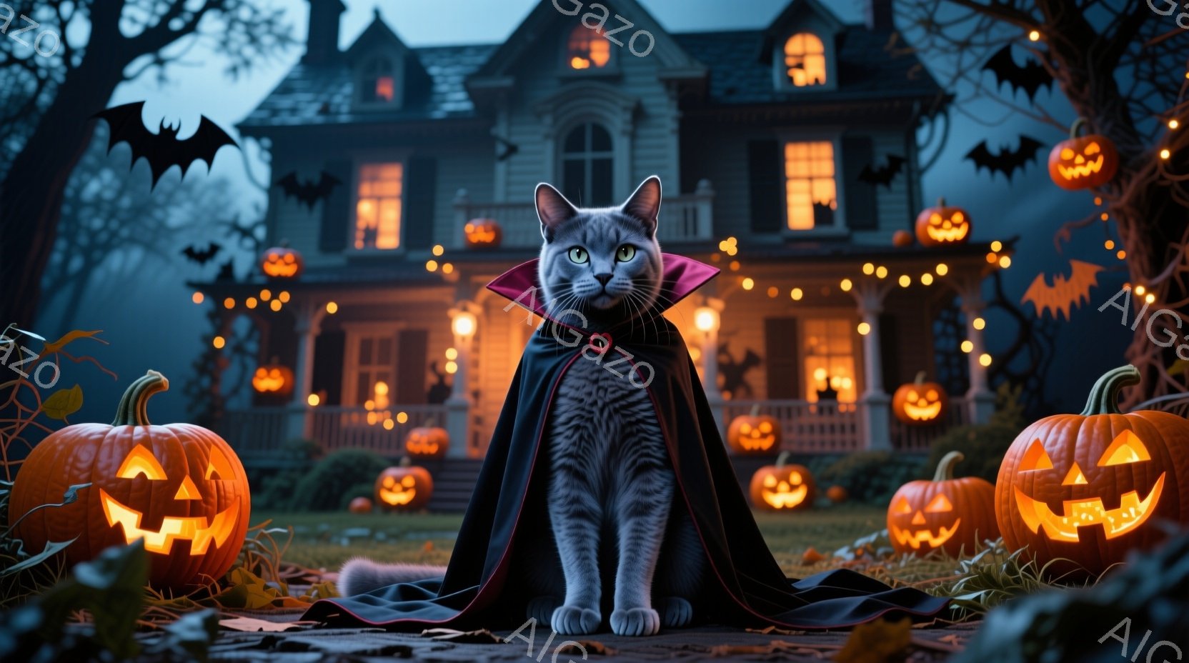 灰色の猫が、黒いマントを羽織って正面を見つめている。背景にはハロウィーンの飾り付けがされた家があり、庭にはジャック・オ・ランタンが並び、暗い夜空にコウモリが舞っている。 全体的にハロウィーンの夜の神秘 - AI生成フリー素材