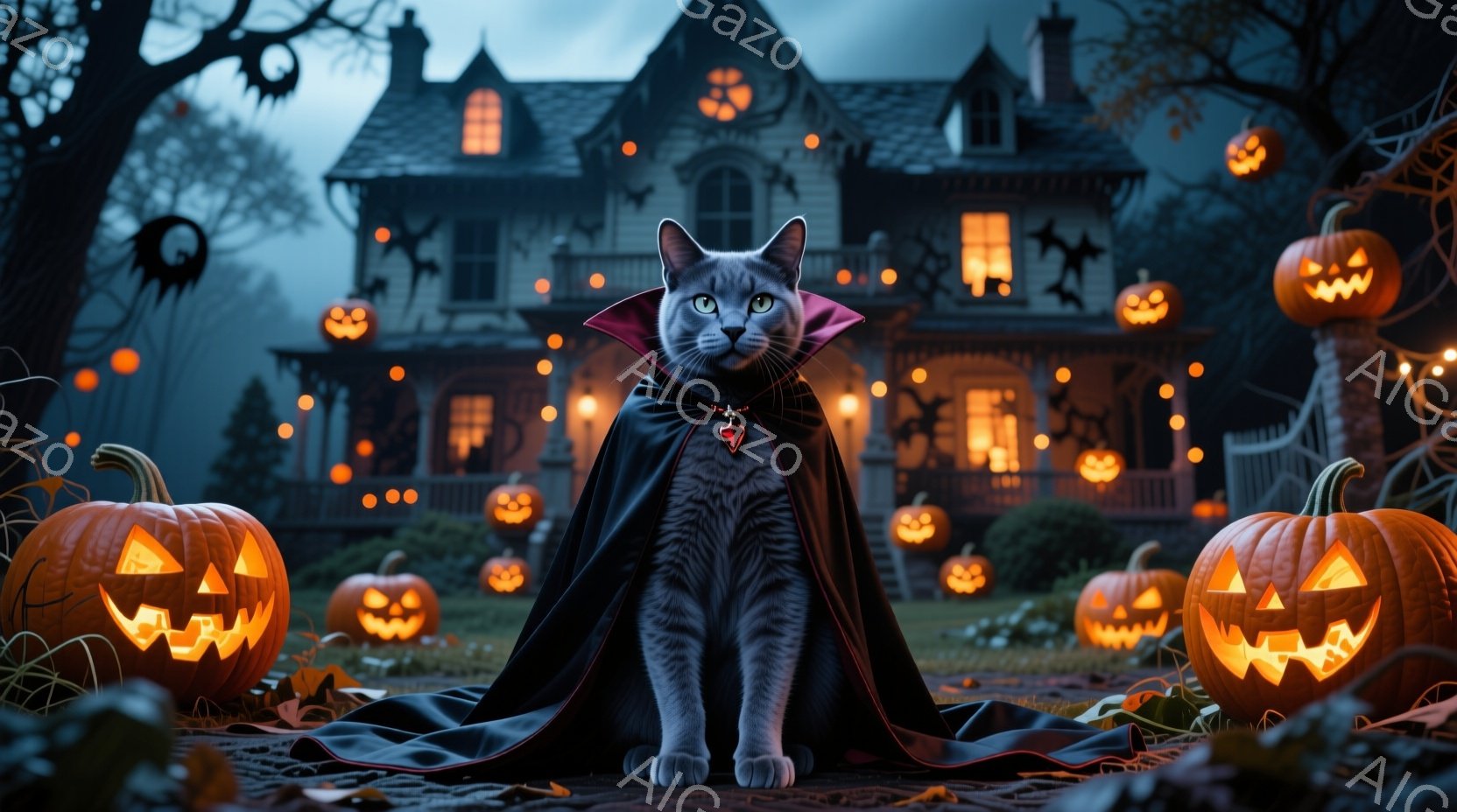 グレーの猫が黒いマントと赤い襟を付けて座っており、吸血鬼のような外見です。背景には、たくさんのジャック・オ・ランタンが灯る不気味な屋敷と、暗い夜空、そして枯れた植物が見えます。 全体として、ハロウィー - AI生成フリー素材