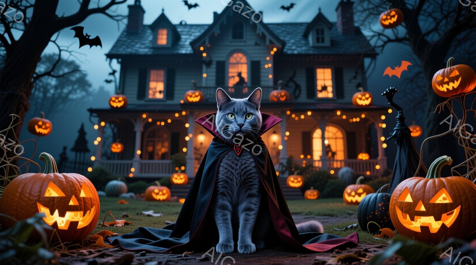 灰色の猫が吸血鬼風の黒いマントを羽織って、庭の石畳の上に座っています。背景には、ハロウィーンの飾り付けがされた古い家、空にはコウモリが舞い、庭にはジャック・オ・ランタンが並べられ、夜の雰囲気と合わせて不気味で楽しいハロウィーンの夜を演出しています。暖色系の光が、秋の葉が散らばる庭を照らし、ハロウィーンの魔法のような雰囲気をさらに高めています。