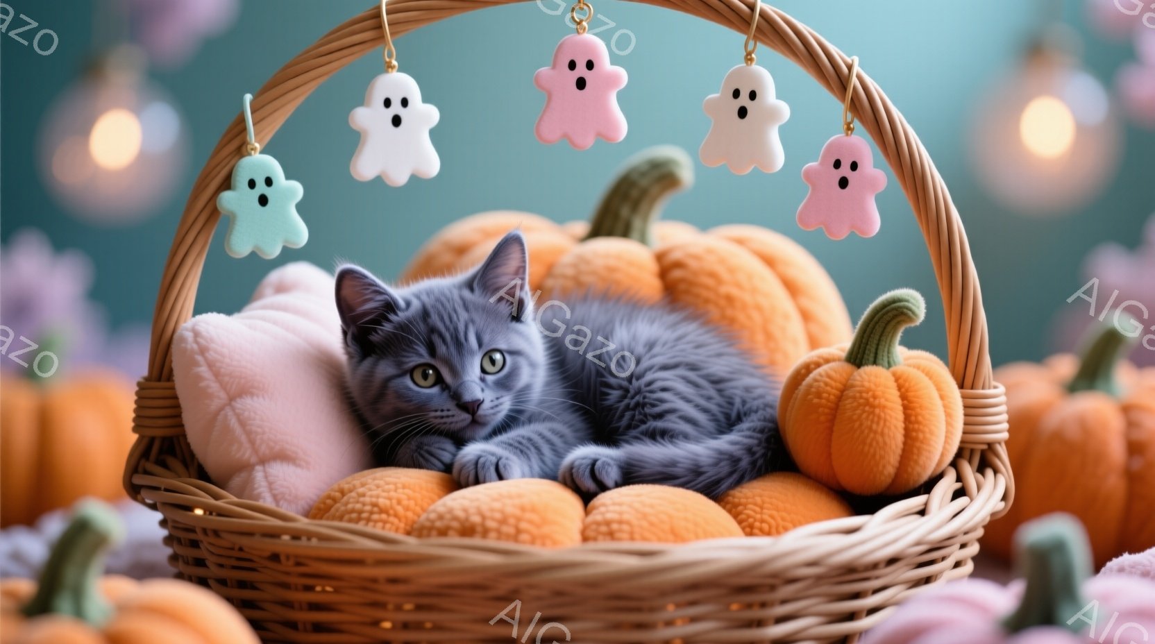 灰色の毛並みの小さな猫が、オレンジ色のカボチャとピンク色の枕が敷かれた編み込みのバスケットの中でくつろいでいます。猫はリラックスした表情で、前足を伸ばして横になっています。背景にはぼやけたハロウィーン - AI生成フリー素材