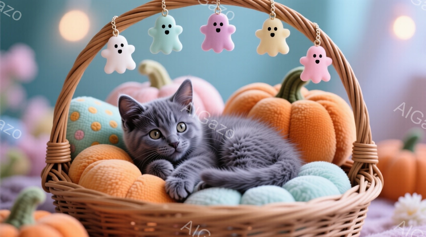 籠の中に子猫が丸まって眠っています。周りにはオレンジ色や水色のカボチャのおもちゃが置かれ、上部には可愛いお化けの飾り付けが並んでいます。背景はぼかされており、暖かく優しいハロウィーンの雰囲気が漂ってい - AI生成フリー素材