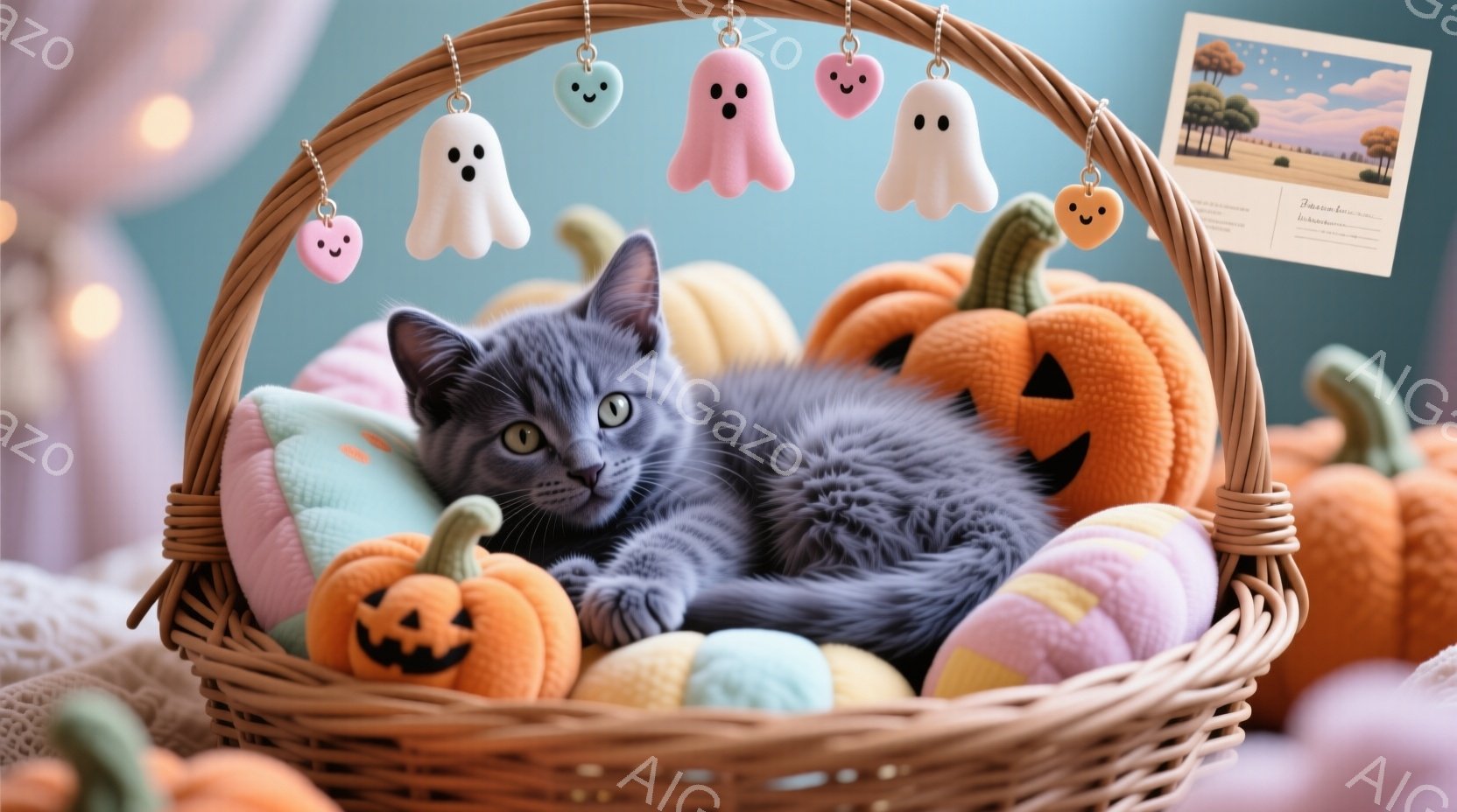 灰色の猫が、ハロウィーンをテーマにしたバスケットの中に横たわっています。バスケットの中には、カボチャの形をしたクッションや、可愛いお化けの飾りがあり、猫はリラックスした表情で、丸くなっています。背景は - AI生成フリー素材