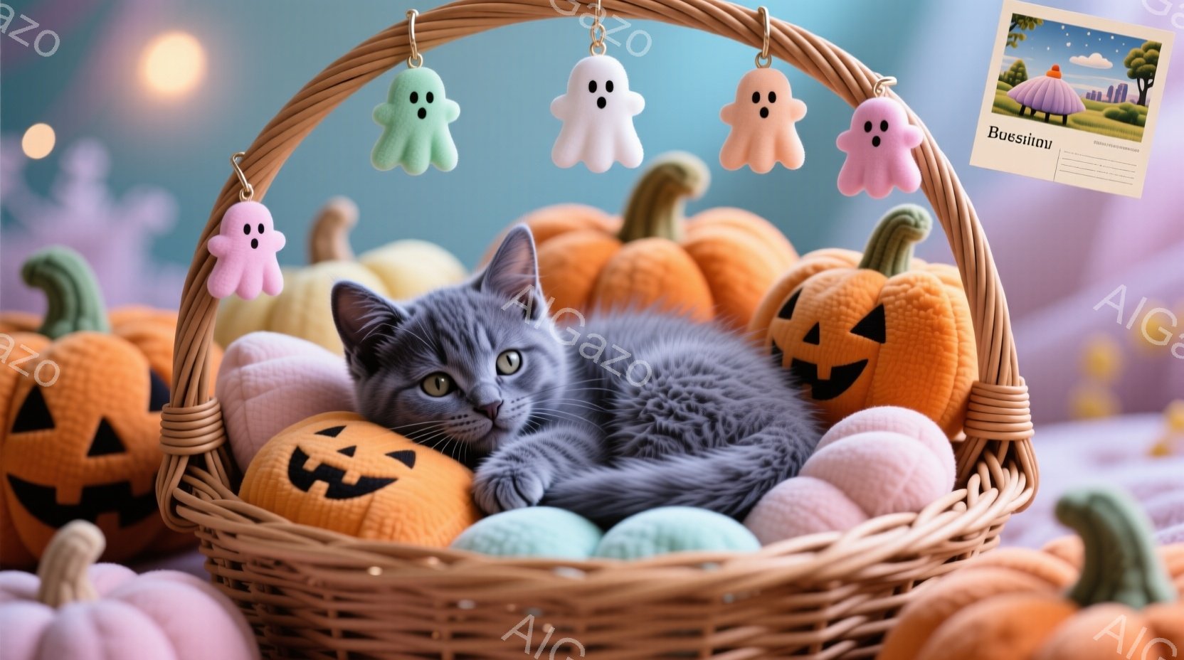 灰色の猫が、ハロウィーンの飾りでいっぱいのバスケットの中に丸まって眠っています。バスケットには、さまざまな大きさのジャック・オー・ランタンと、かわいいお化けの飾り付けが飾られています。背景はぼかされて - AI生成フリー素材